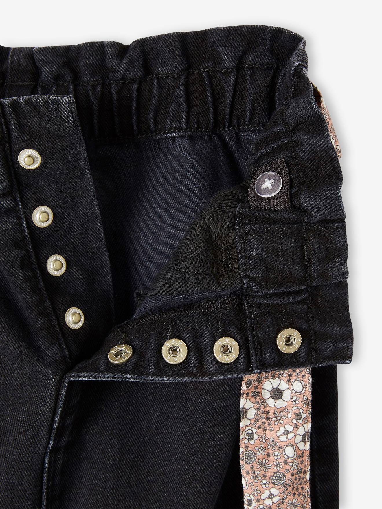 Jean style paperbag et sa ceinture fleurie fille denim black