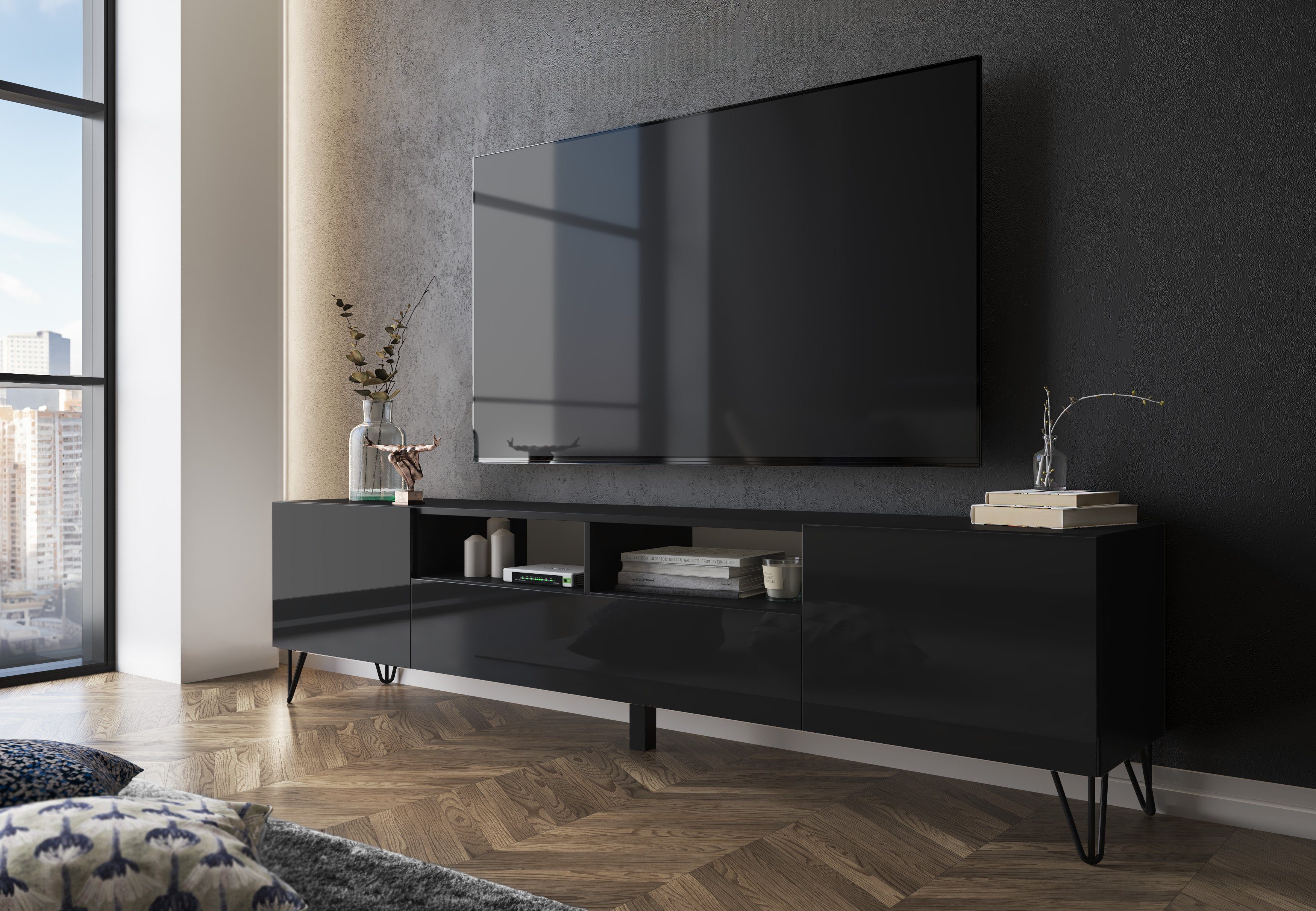 Furnix TV-Board COLGARS M11 TV-Schrank HAIRPIN Lowboard mit Metallfüßen, B200 x H51 x T37 cm