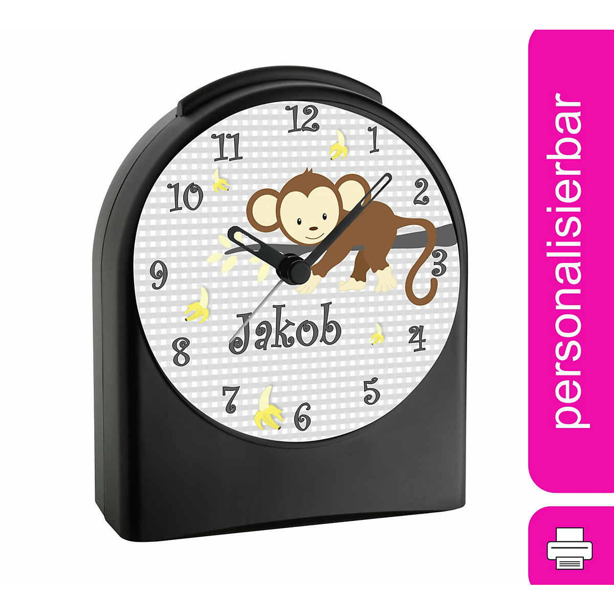 Kinder Funkwecker personalisiert mit Namen Affe Atom-/Funkuhr, 12-Stunden-Anzeigeformat, Schlummerfunktion, Nachtlicht, Geräuschlos/Ohne Ticken