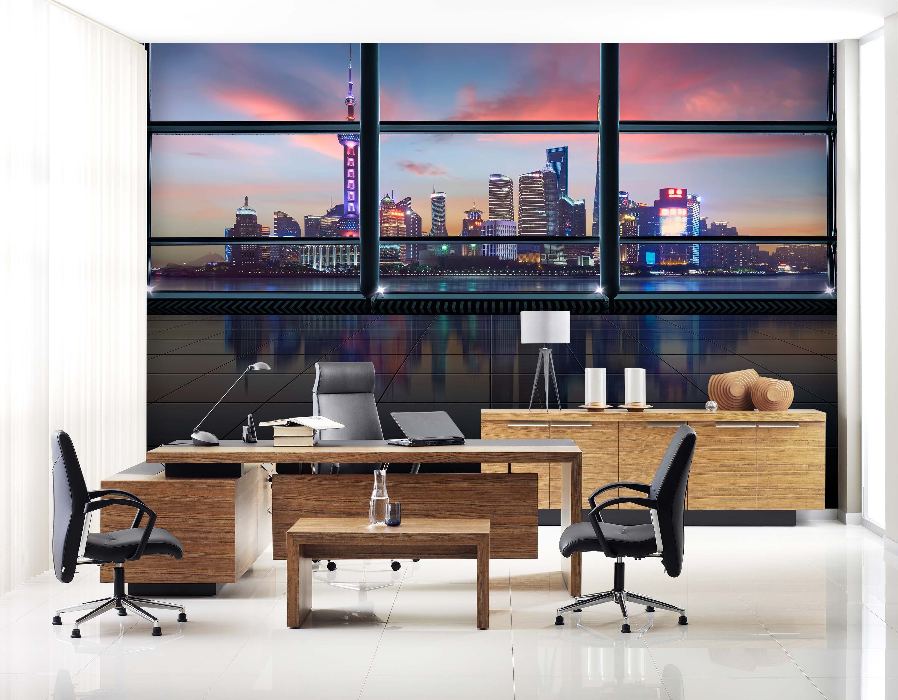 wandmotiv24 Fototapete Ausblick Fenster Stadt Skyline Nacht, glatt, Wandtapete, Motivtapete, matt, Vliestapete