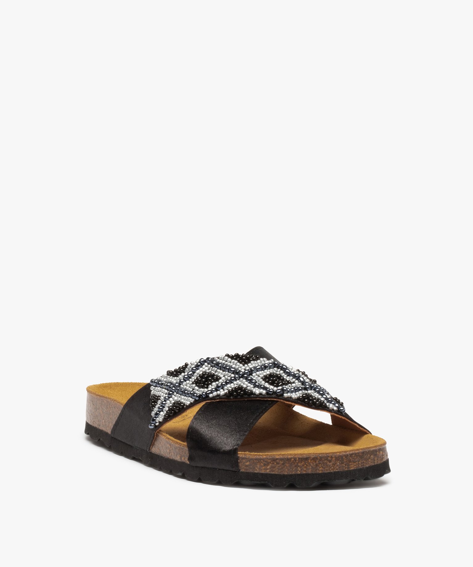 Mules femme avec brides croisées et perles de rocaille noir | GEMO