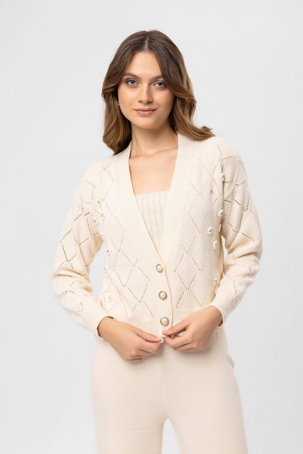 KASİDE Anzug 3-teilig Strickjacke, Bluse und Hose (3-tlg)