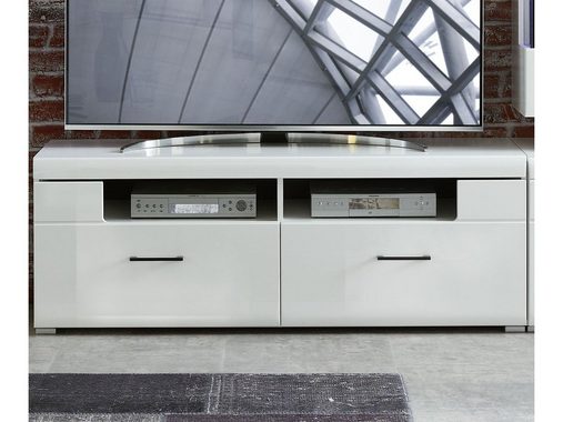 möbelando Wohnwand Filmer, Moderne Wohnwand, Korpus aus Spanplatte in Weiß matt, Front aus MDF in Weiß Hochglanz, Absetzungen in Schwarz bestehend aus 1 Vitrine klein, 1 Vitrine groß, 1 TV-Unterteil und 1 Wandboard, inkl. LED-Beleuchtung. Stellmaß ca