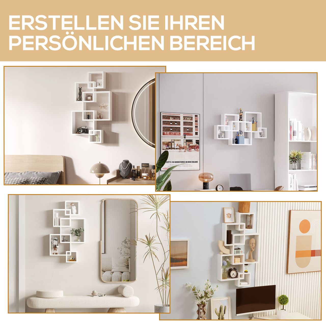 HOMCOM Wandregal Schweberegal Wandboard mit 5 ineinandergreifenden Würfel, 9 Fächer, Wanddeko für Wohnzimmer Schlafzimmer Tannenholz Weiß 49,5 x 10,2 x 86 cm