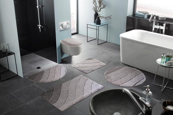 Badematte Donna Kleine Wolke, Höhe 20 mm, rutschhemmend beschichtet, fußbodenheizungsgeeignet, schnell trocknend, Polyester, rechteckig, Wellen Design, Pastell, 3-tlg. Set, rechteckig & rund erhältlich