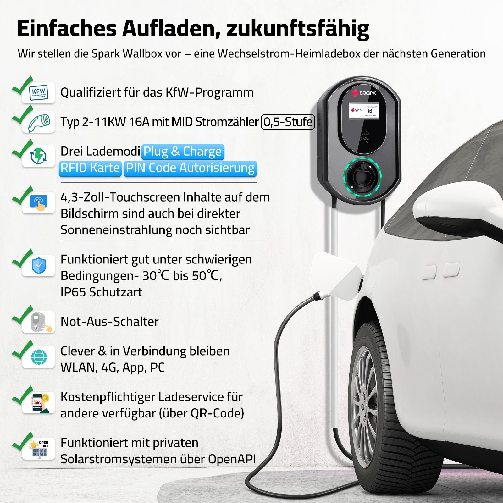Spark stationäre Elektroauto-Ladestation (KfW) 11KW Wallbox - 5M Kabel -RFID-MID-FI-Schutz-Touchscreen-4G-WIFI, 11,00kW / 16A, 3-phasig, IP65, für Innen- und Außenbereich (Garage, Carport)