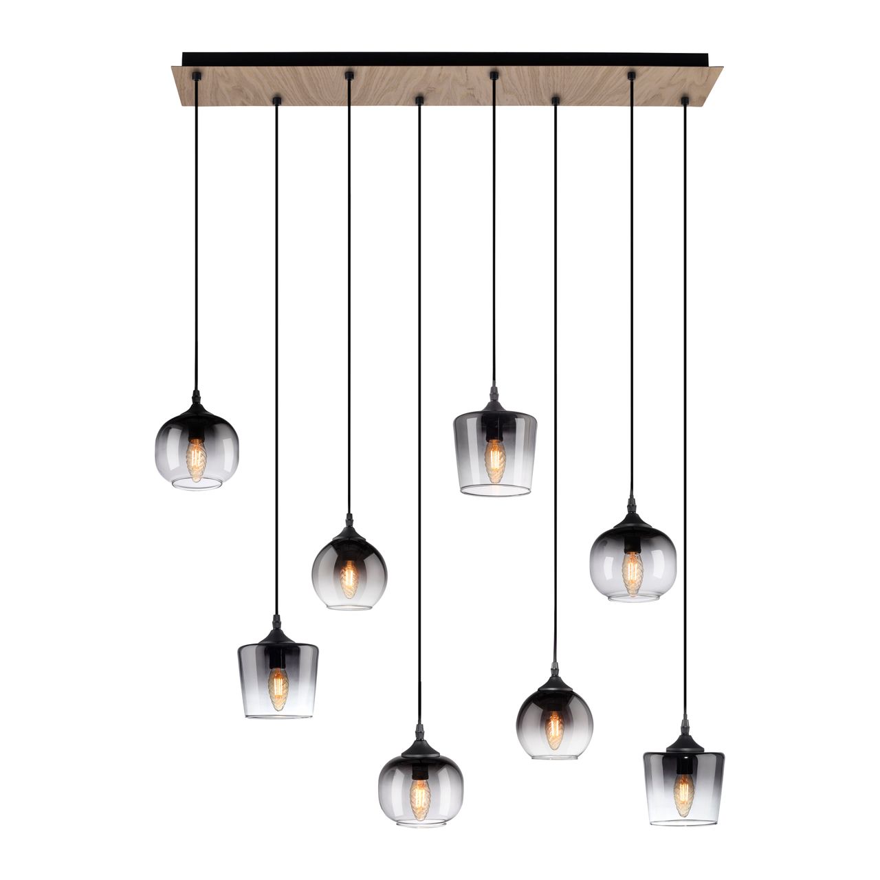 JUST LIGHT Pendelleuchte GREEN ZEA, 8x E14/25 Watt max., rauchfarbene Gläser, Holz-natur