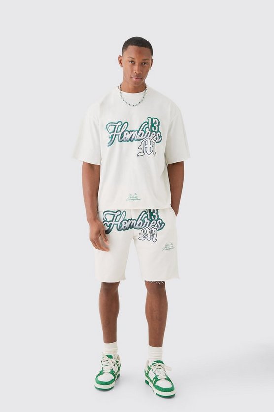 Kastiges Oversize T-Shirt mit rohem Saum und Homme-Print & Shorts