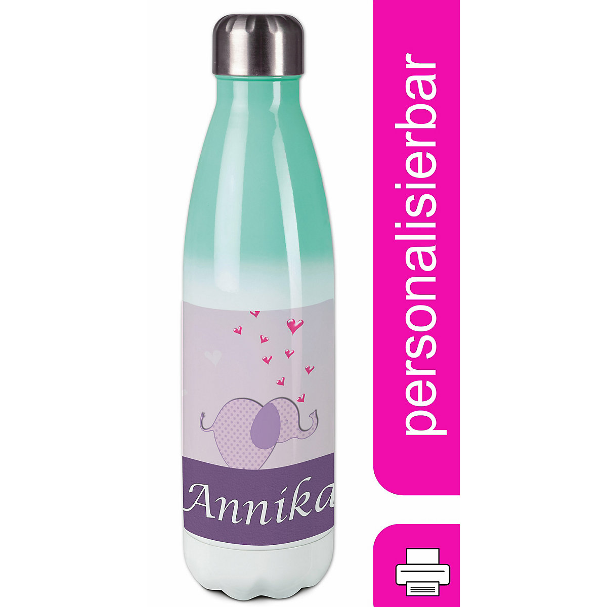 Edelstahl Kinder Thermoflasche / Trinkflasche bunt Elefant Farbe lila Spülmaschinenfest, Auslaufsicher, Bruchfest, Doppelwandig, Für Heißgetränke geeignet, Mit Deckel, Isoliert