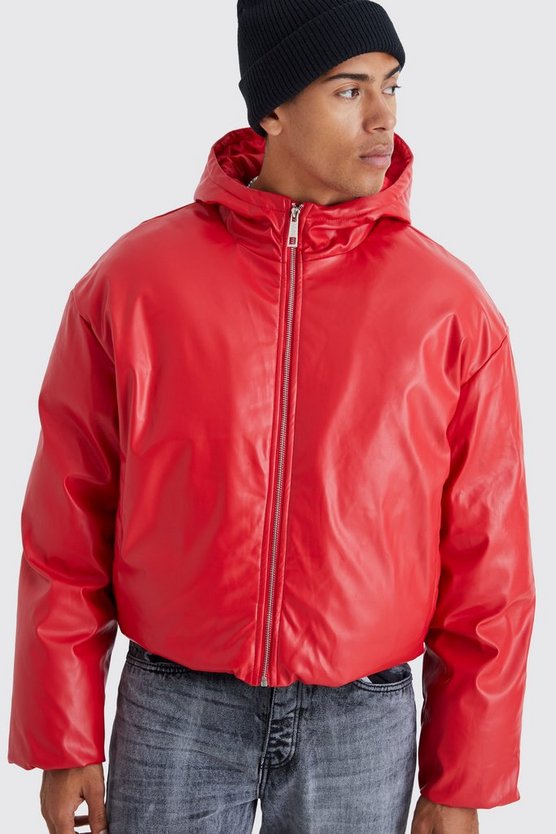 Kastige gepolsterte PU-Steppjacke mit Kapuze