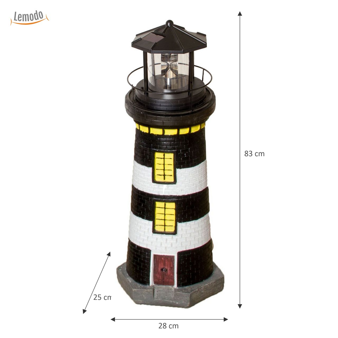 Lemodo Lemodo Gartendeko Leuchtturm mit Solar schwarz/weiß, handbemalte Gartenfigur 83 cm hoch