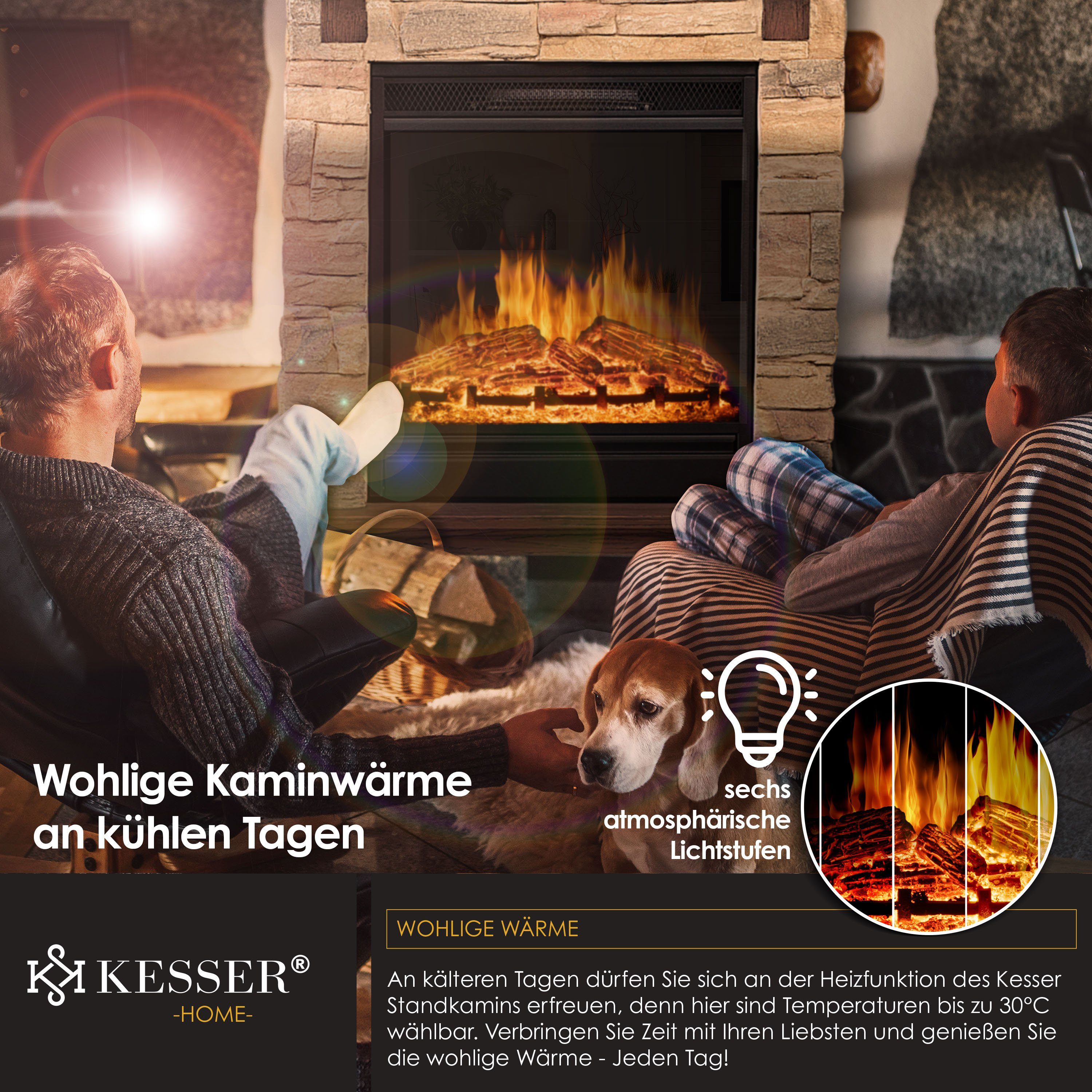 KESSER Elektrokamin, Elektrokamin Standkamin Kamin elektrisch mit LED 3D-Flamme