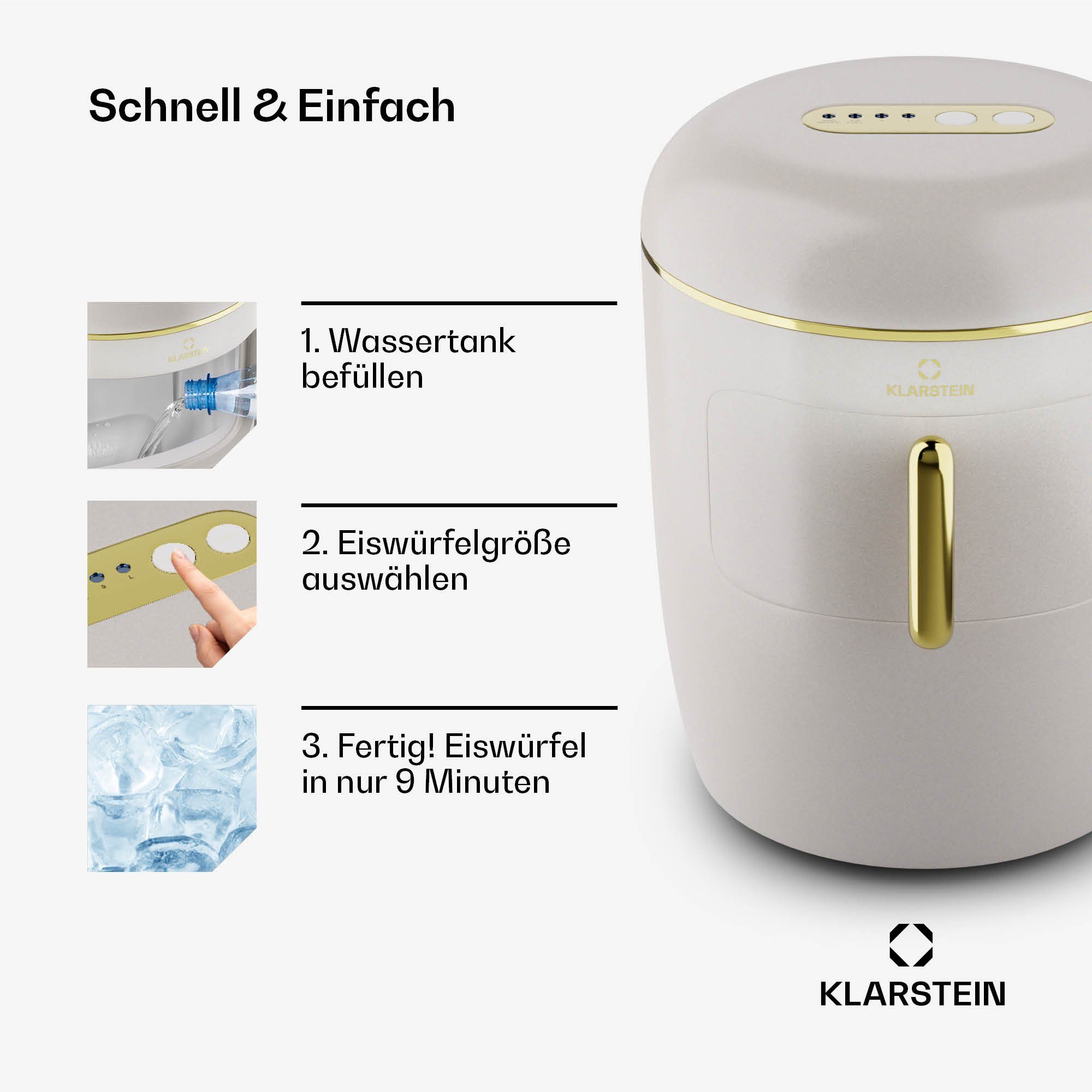 Klarstein Eiswürfelmaschine Passau, Elektrischer Eiswürfelbereiter 15kg/24h Wassertank 2,3 L