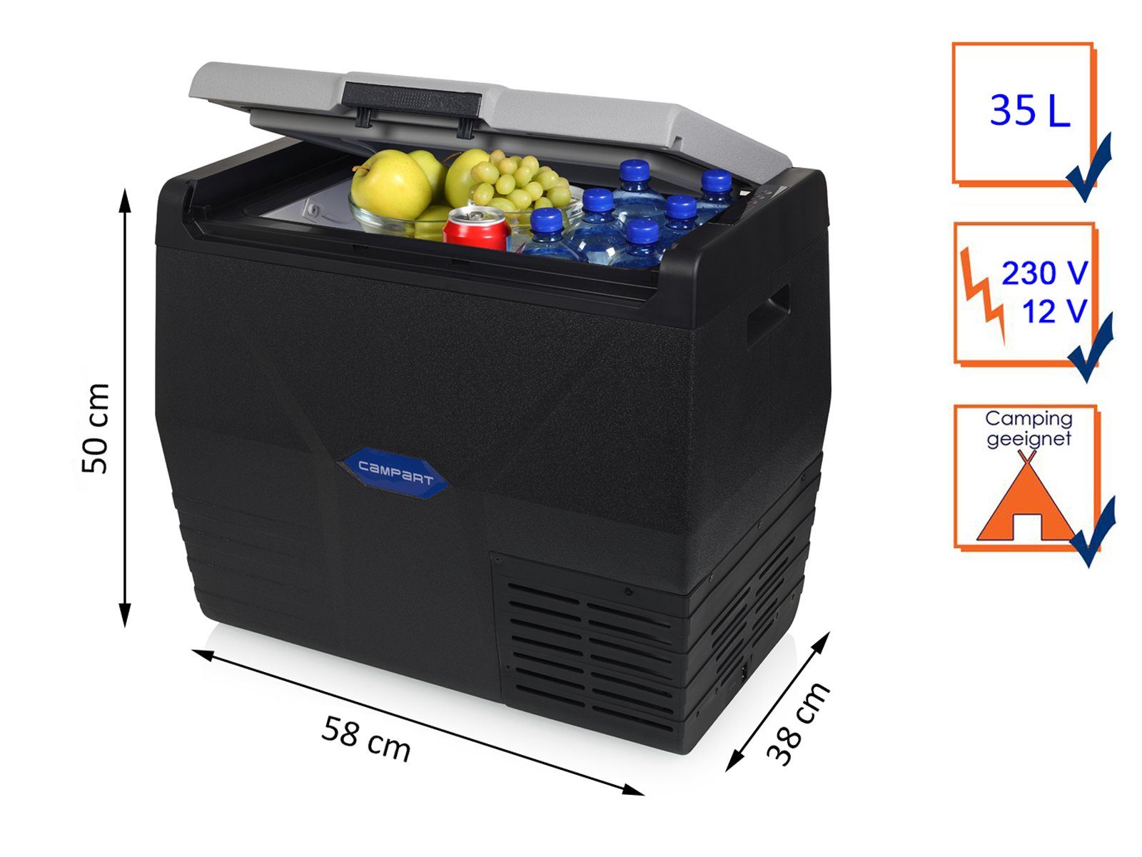 Campart Elektrische Kühlbox, 35 l, groß für Auto & Camping Kompressor Elektro 12V & 220-240V Klappständer