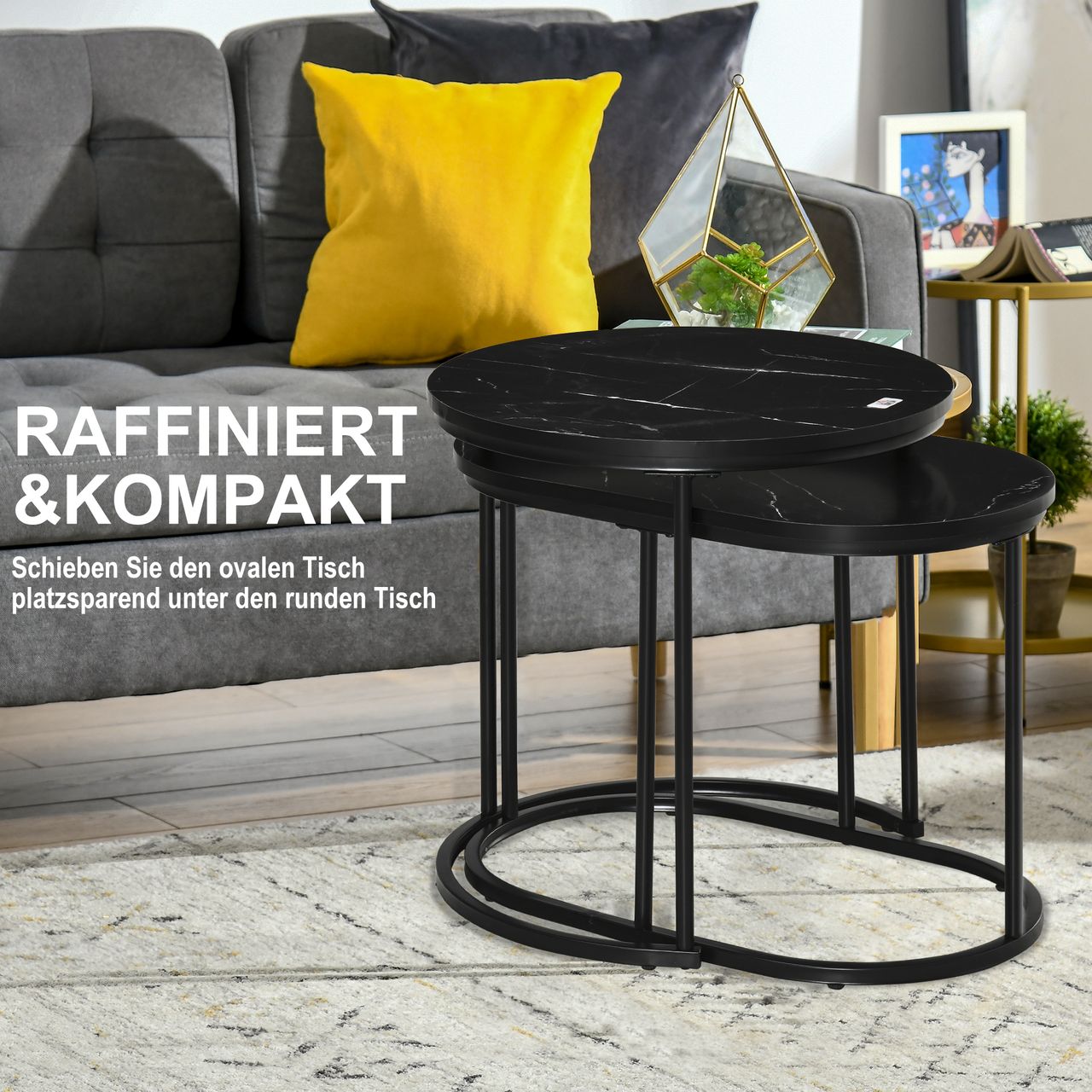 HOMCOM 2er Set Couchtisch Satztisch Rund mit Faux Marmor Seite bis 30 kg Schwarz