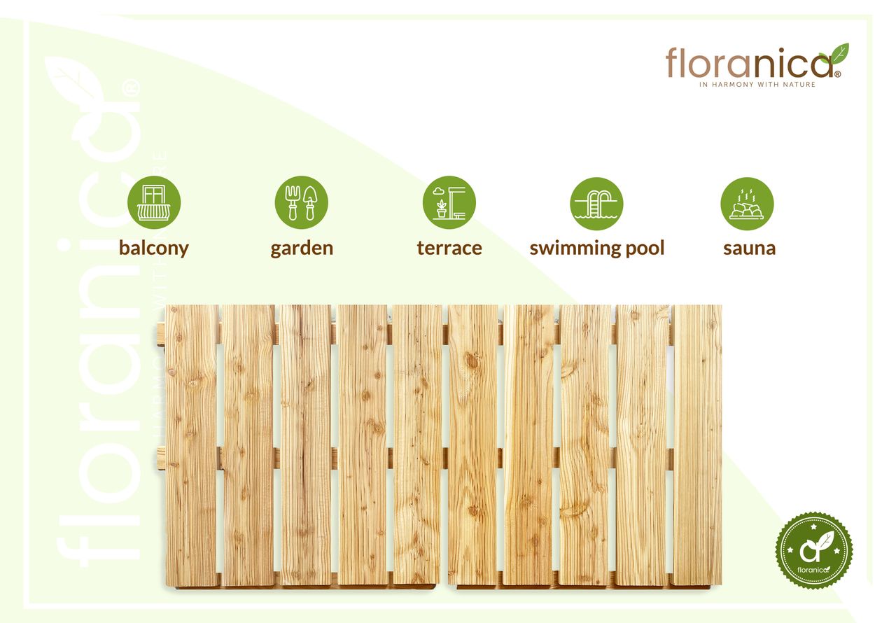 Pemicont Floranica Holzterrassenplatten 1 Stück 50x50 cm Imprägniertes Lärchenholz Natur Boden für die Sauna Terrasse oder dem Balkon Holzfliese im Garten Gefräste Oberfläche Balkonfliesen