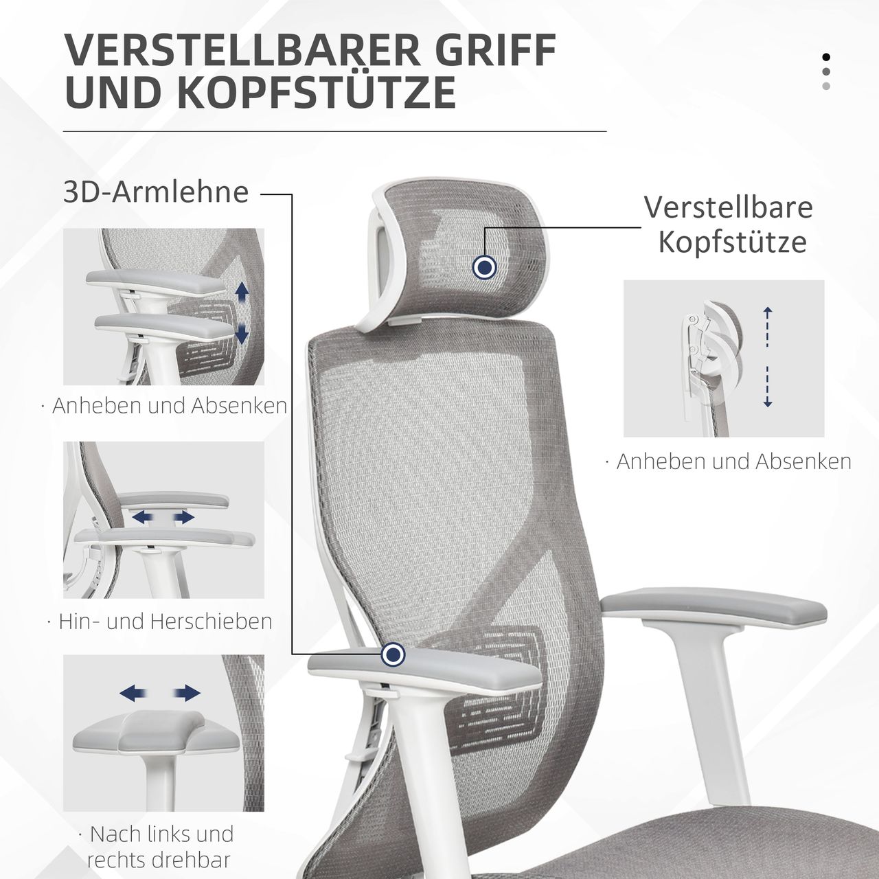 Vinsetto Bürostuhl Drehstuhl höhenverstellbar mit 3D-Armlehne 3 Stufen Mesh