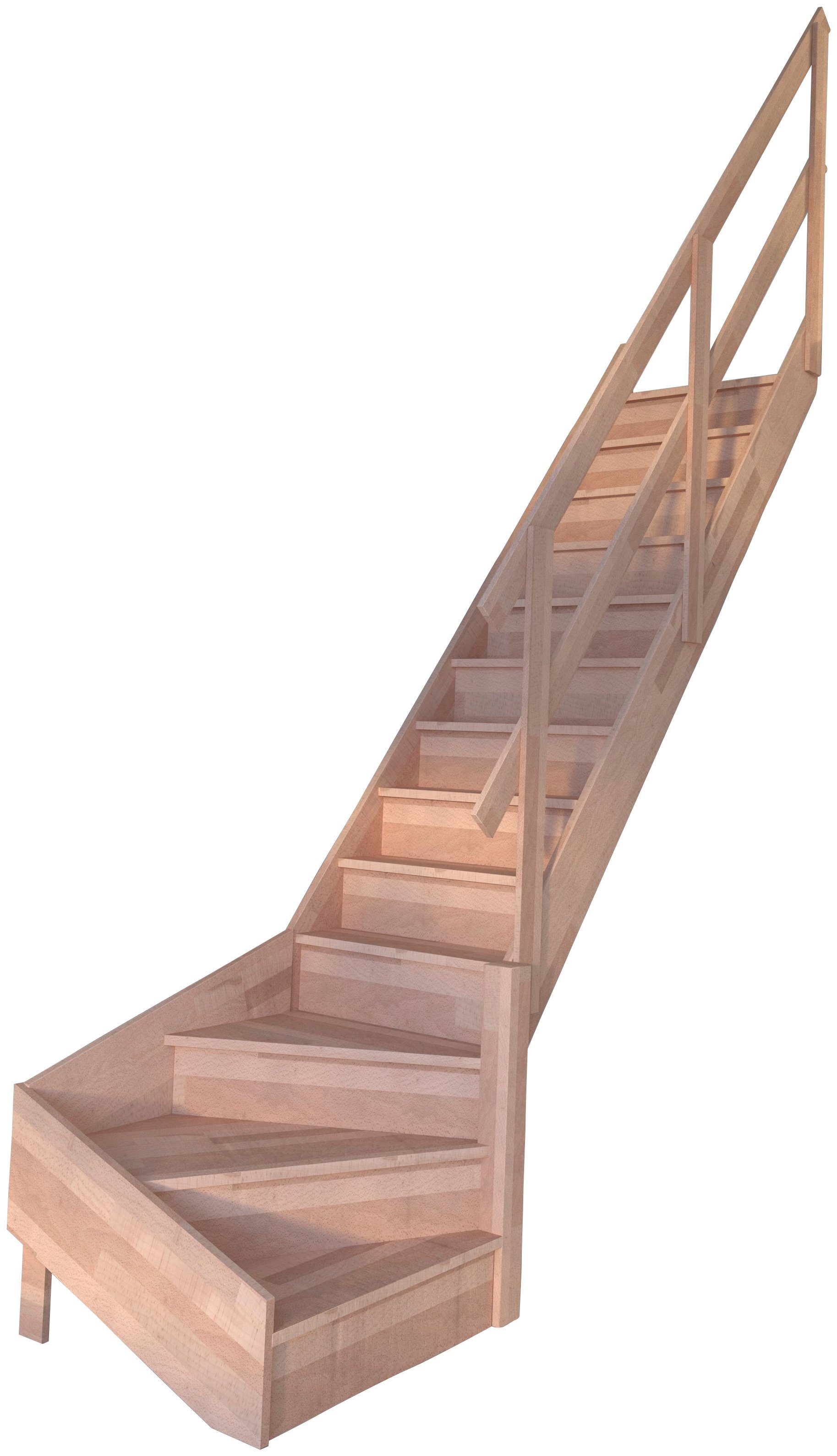 Starwood Raumspartreppe Massivholz Rhodos, mit Holzgeländer, für Geschosshöhen bis 300 cm, Stufen geschlossen, gewendelt Rechts, Durchgehende Wangenteile