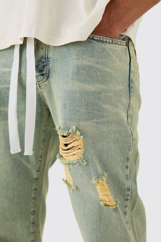 Lockere zerrissene Jeans mit Kordelzug in grüner Waschung