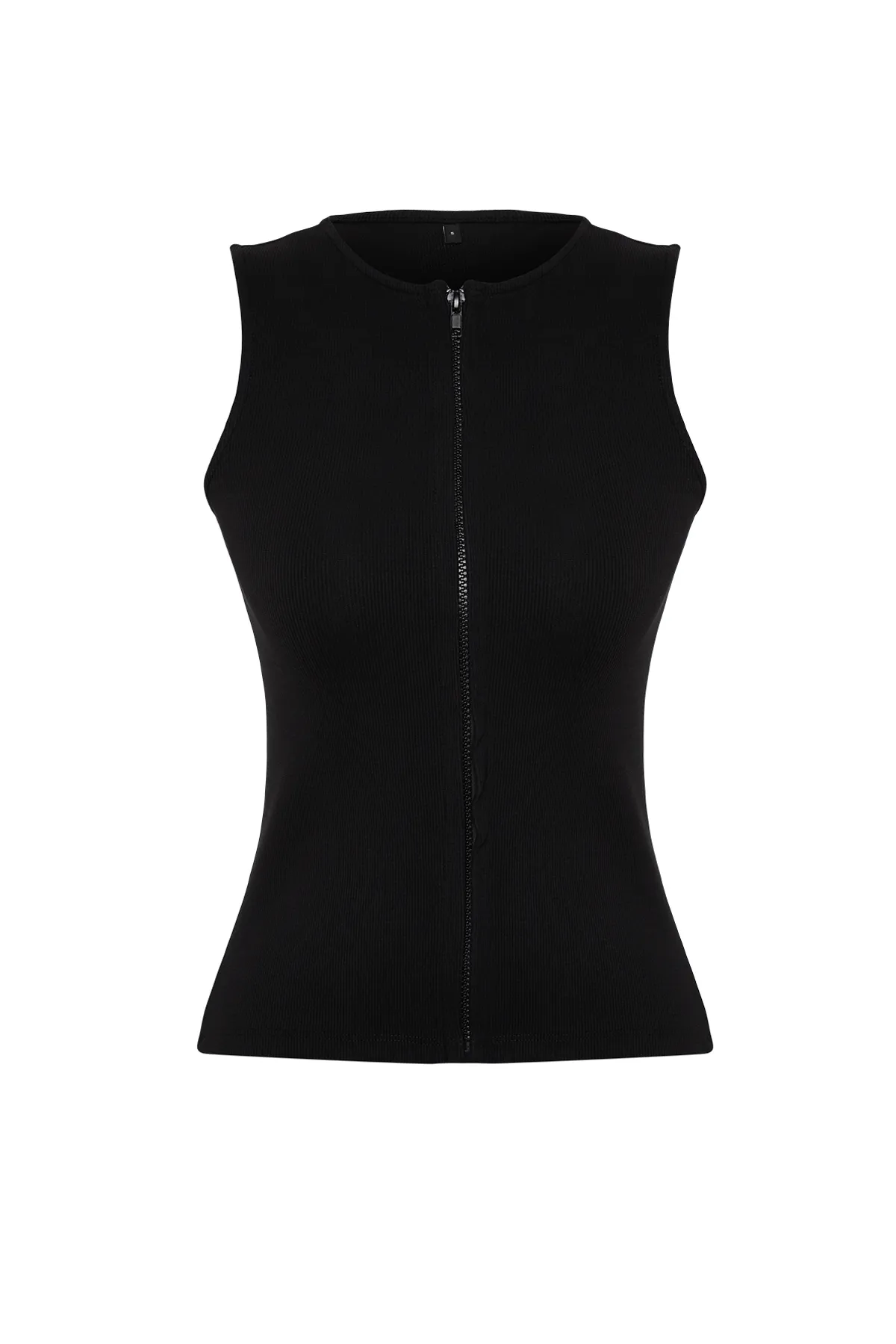 Trendyol Collection  Schwarze, figurbetonte, gerippte, flexible Strickbluse mit Reißverschluss und Nullärmeln TWOSS24BZ00477
