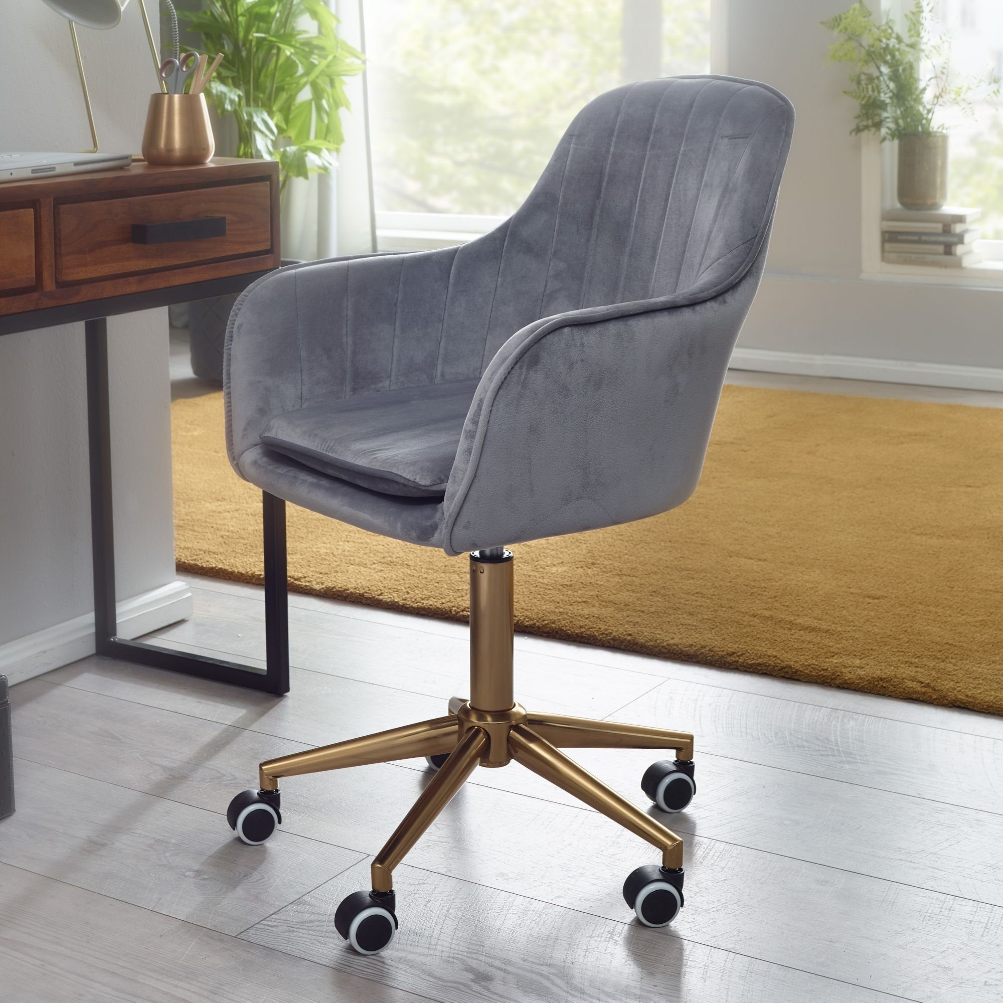 FINEBUY Schalenstuhl SuVa24214_1 (Samt Grau, Design Schalenstuhl Drehbar mit Lehne), Schreibtischstuhl 120 kg Höhenverstellbar, Drehbar