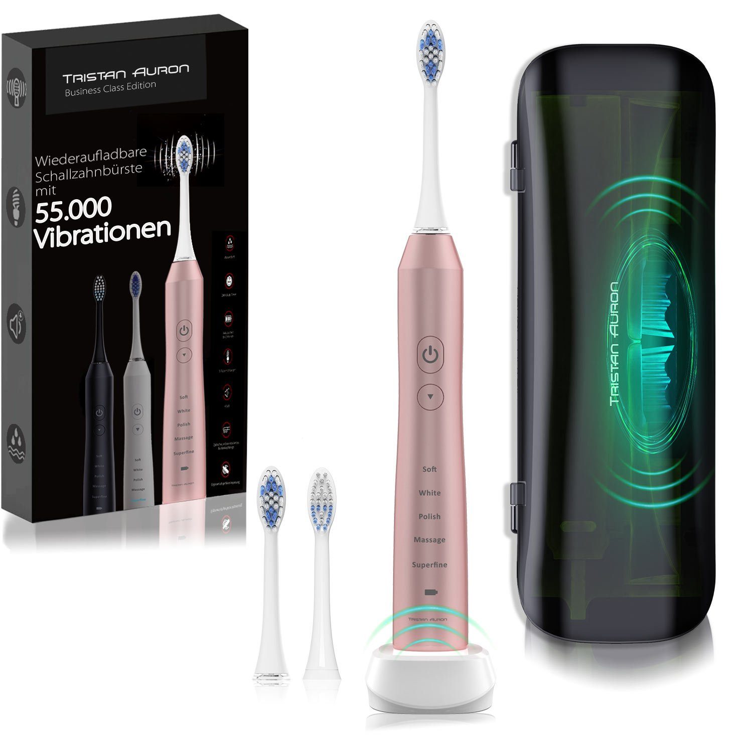 Tristan Auron Schallzahnbürste Business Class + UV Case + 2x Köpfe I 55.000 Vibrationen 60 Tage Akku, Aufsteckbürsten: 2 St.