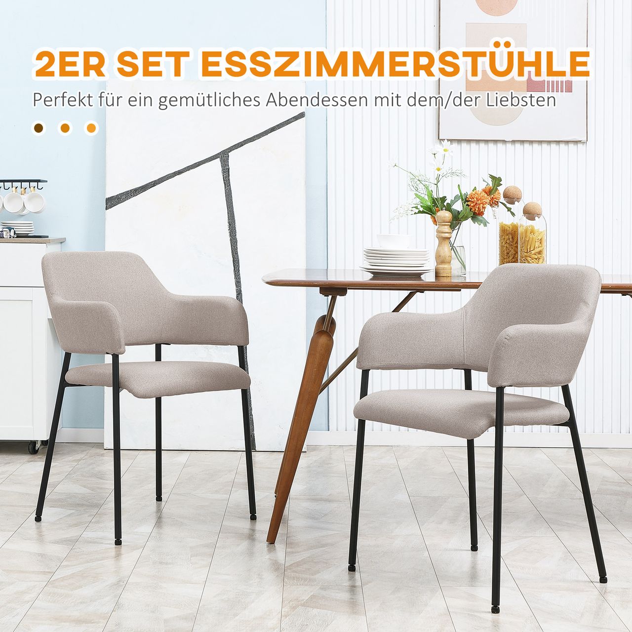 HOMCOM 2er Set Esszimmerstühle Küchenstuhl mit Rückenlehne, Leinenoptik Beige