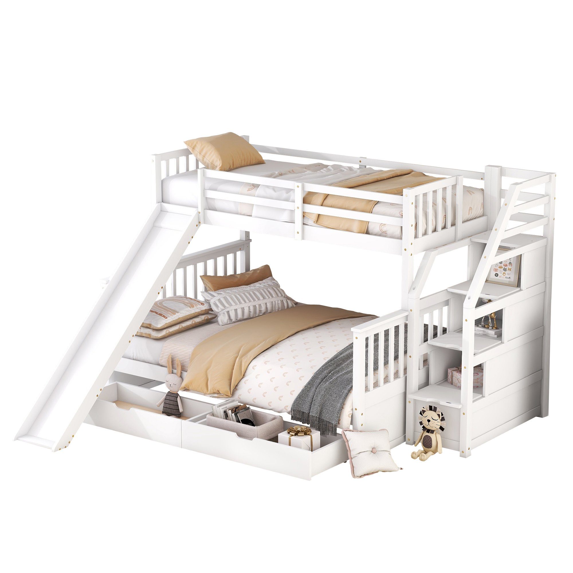 HAUSS SPLOE Kinderbett Etagenbett Holzbett Kinderbett Hochbett Bettrahmen Einzelbett (mit Schubladen, Stauraum und Rutsche, multifunktional, 90 x 200 über 140 x 200), Ohne Matratze
