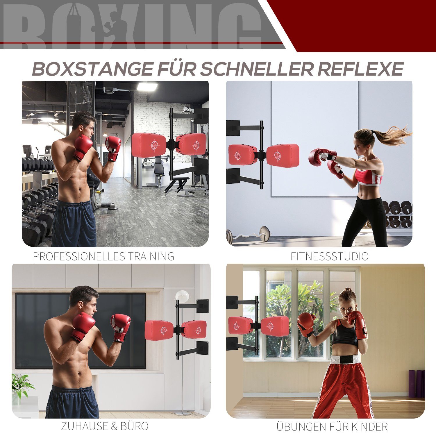 HOMCOM Boxsack Schlagpolster drehbar Wandmontage Schlagkissen Stahl Kunstleder Rot (1-tlg), 82L x 65B x 14H cm