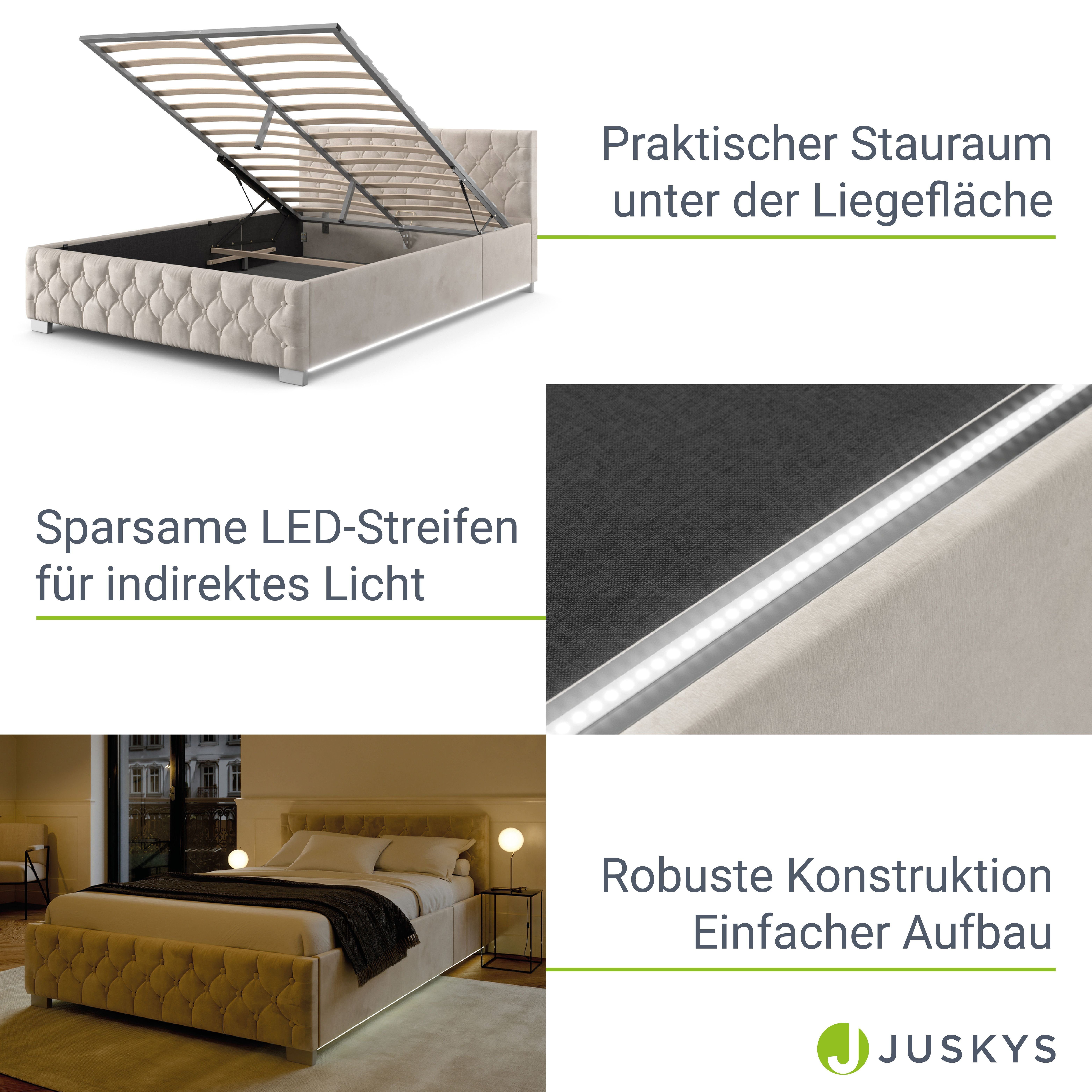 Juskys Polsterbett Nizza, 180x200 cm, Samt-Bezug, LED-Licht, großer Bettkasten, inkl. Matratze