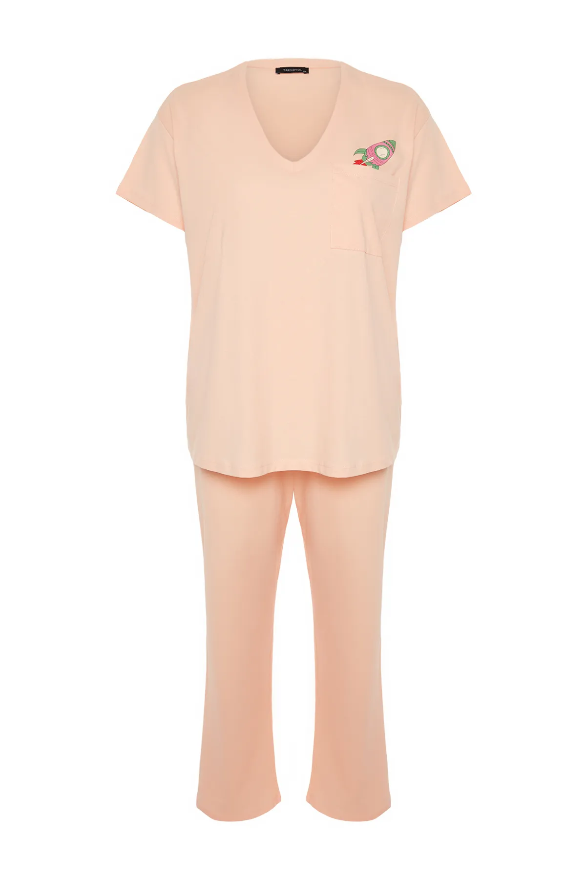 Trendyol Curve  Lachsfarben bedrucktes, gestricktes Pyjama-Set mit Taschen und Details TBBAW24AI00004