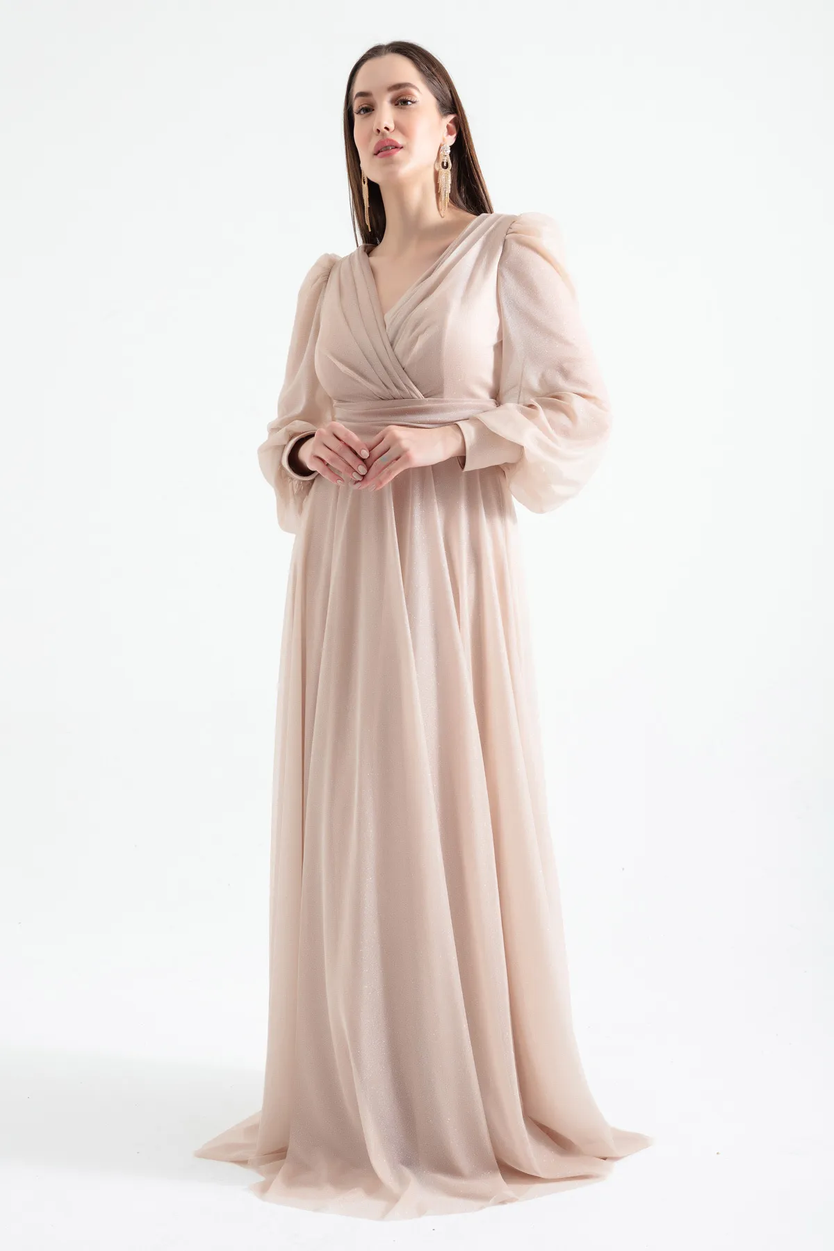 Lafaba  Beiges, glitzerndes, langes Abendkleid mit V-Ausschnitt für Damen