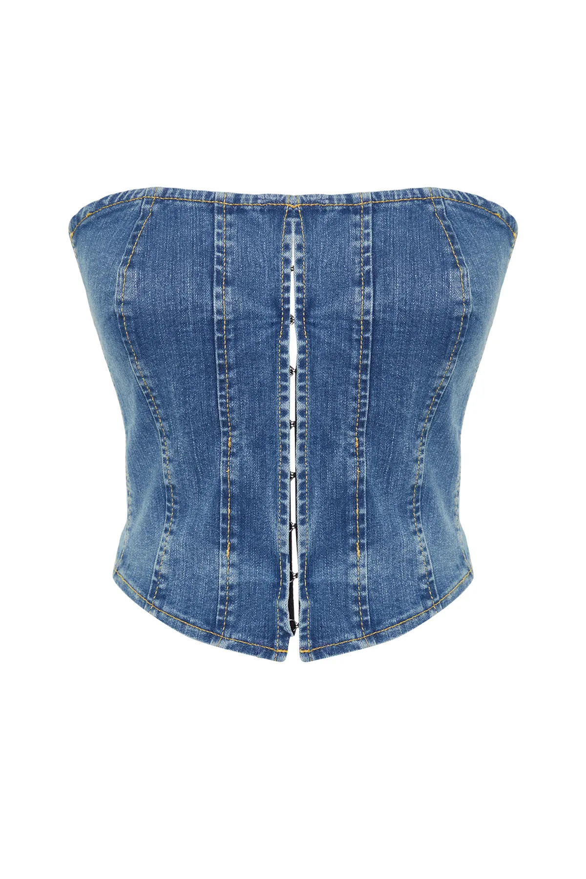 Trendyol Collection  Dunkelblaues, detailliertes, trägerloses Denim-Bustier mit Nähten TWOSS24BS00009