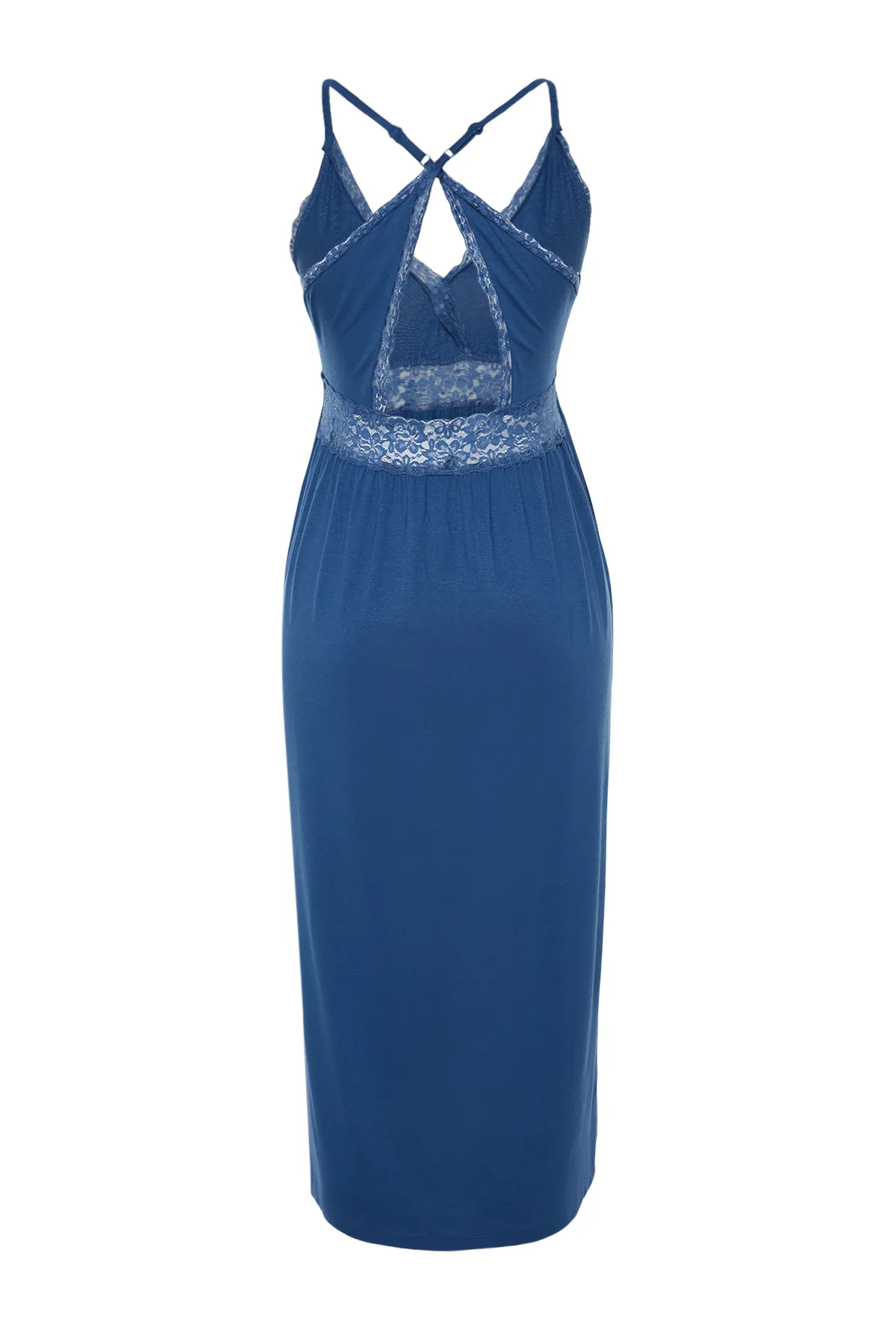 Trendyol Collection  Blaues Strick-Nachthemd mit Spitze und Schlitz am Rücken THMAW20GC0001