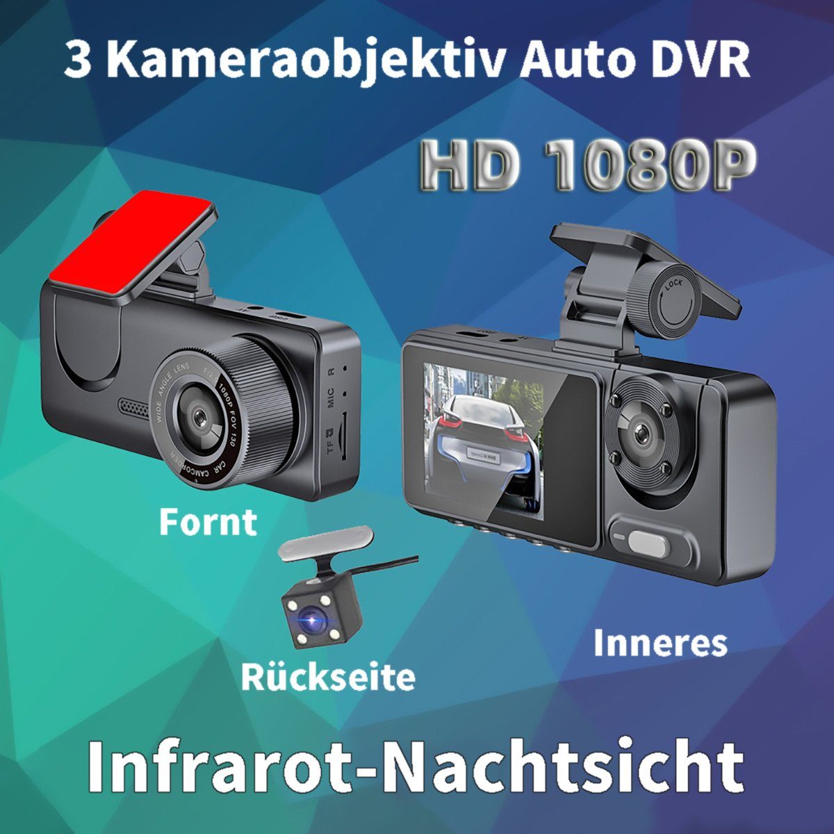 Yoyaxi Umfassende Autoüberwachung mit 3 Kanälen Dashcam (Infrarot-Nachtsicht, wasserdicht, Loop-Aufnahme für mehr Sicherheit)