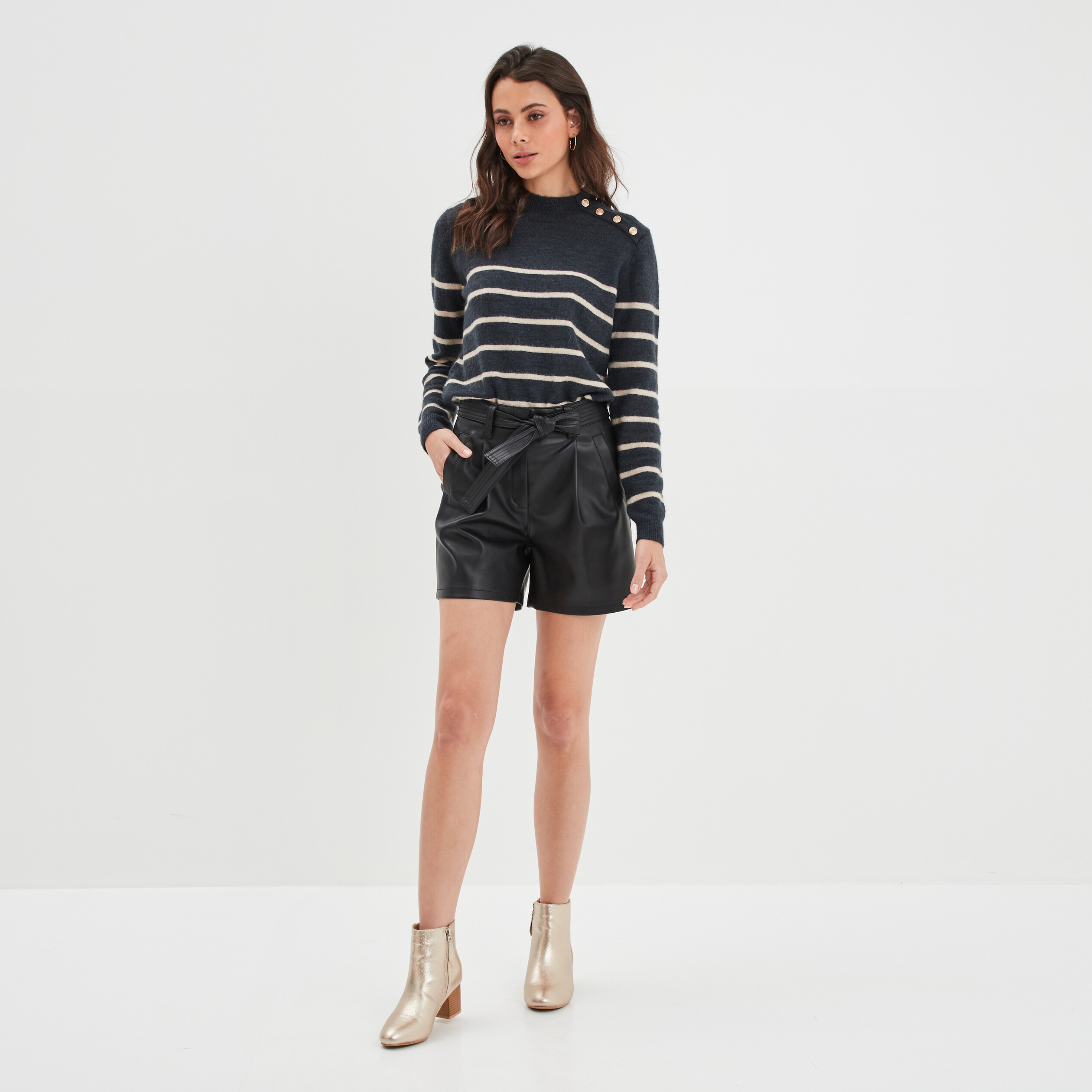 Pull marinière boutons à l'épaule bleu marine femme | La Halle