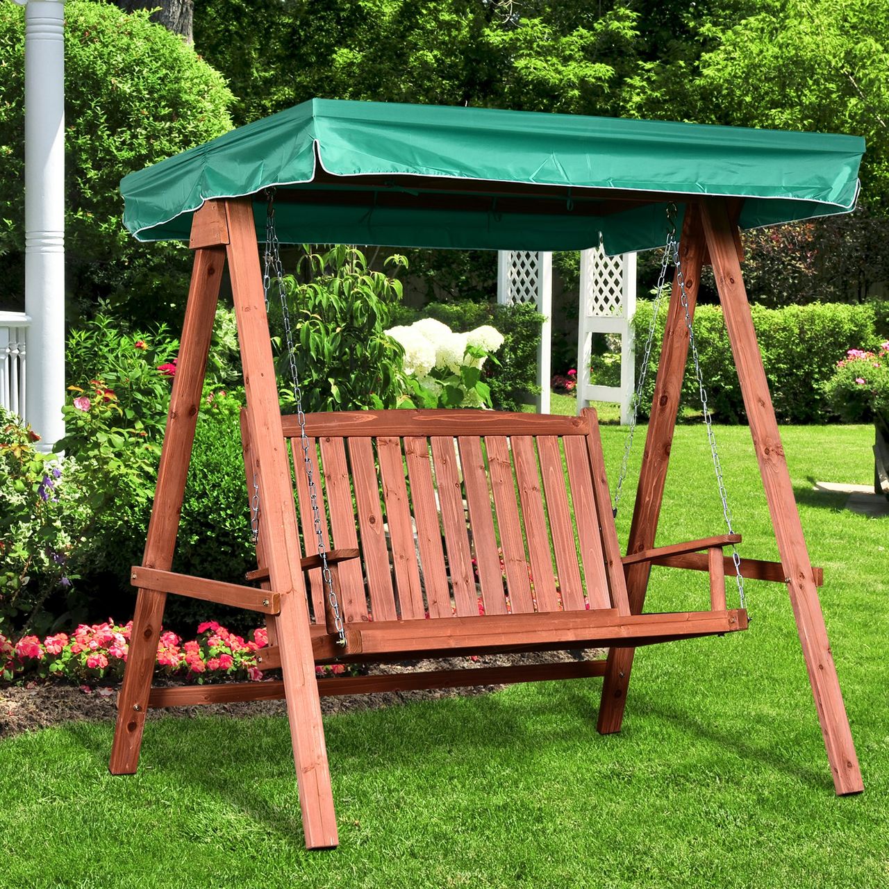 Outsunny Gartenschaukel für 2 Personen mit Dach Massivholz Grün 160 x 120 x 165 cm