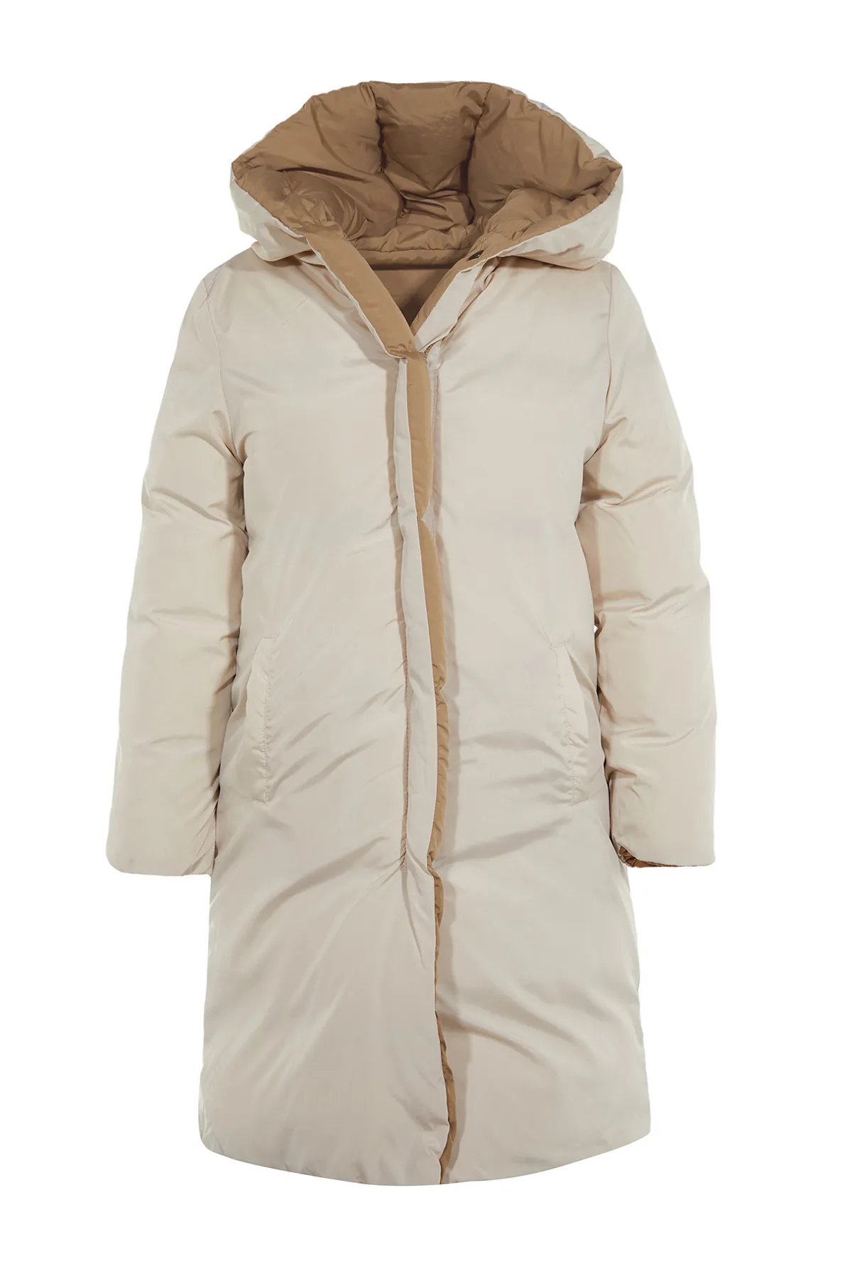 Trendyol Collection  Braun-Ecru doppelseitige, wasserabweisende, lange Pufferjacke mit Kapuze TWOAW23MO00052