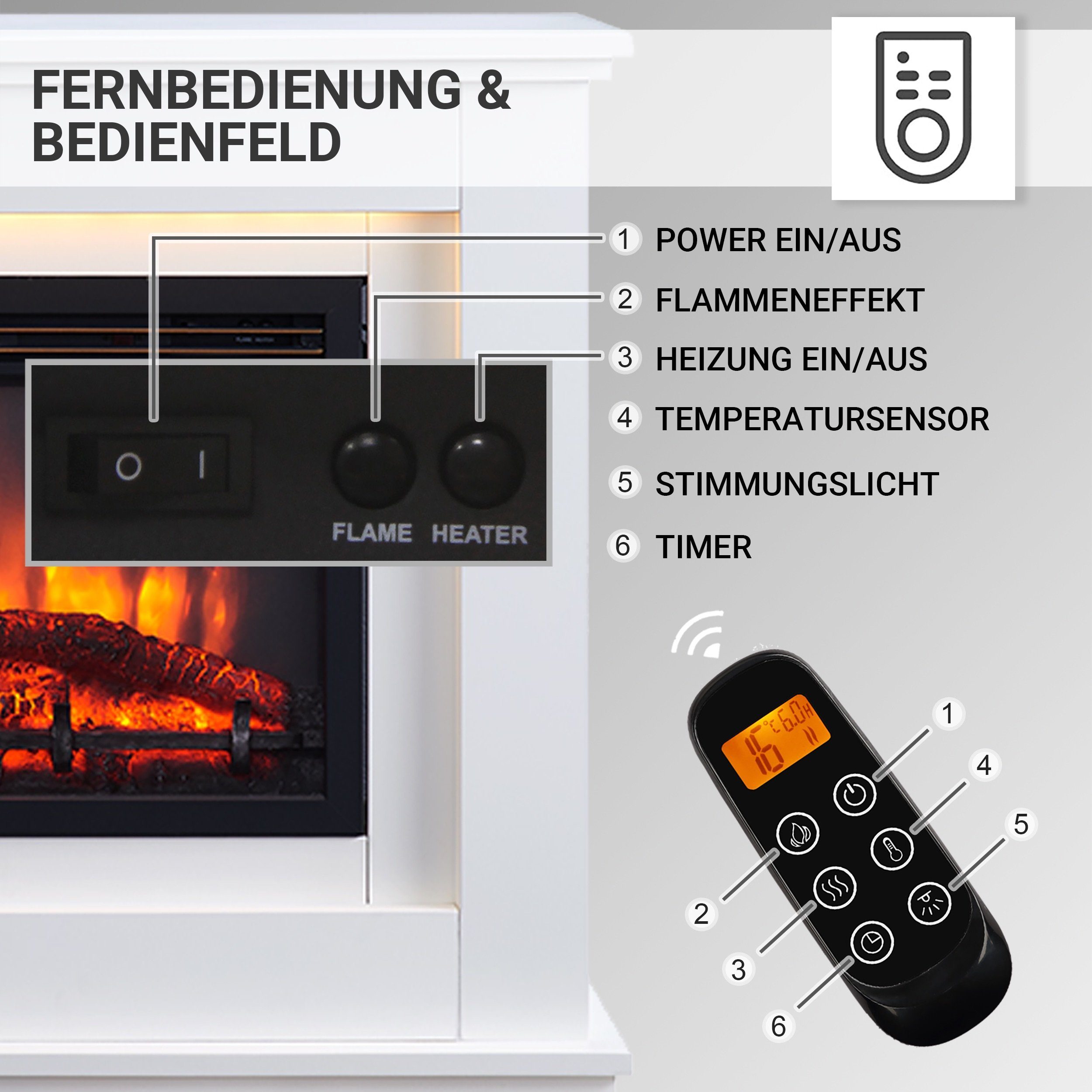 RICHEN Elektrokamin Baldur, Standkamin mit Heizung 2000W, 3D-Flammen, LED-Beleuchtung, App-Steuerung, WiFi, Thermostat, Timer