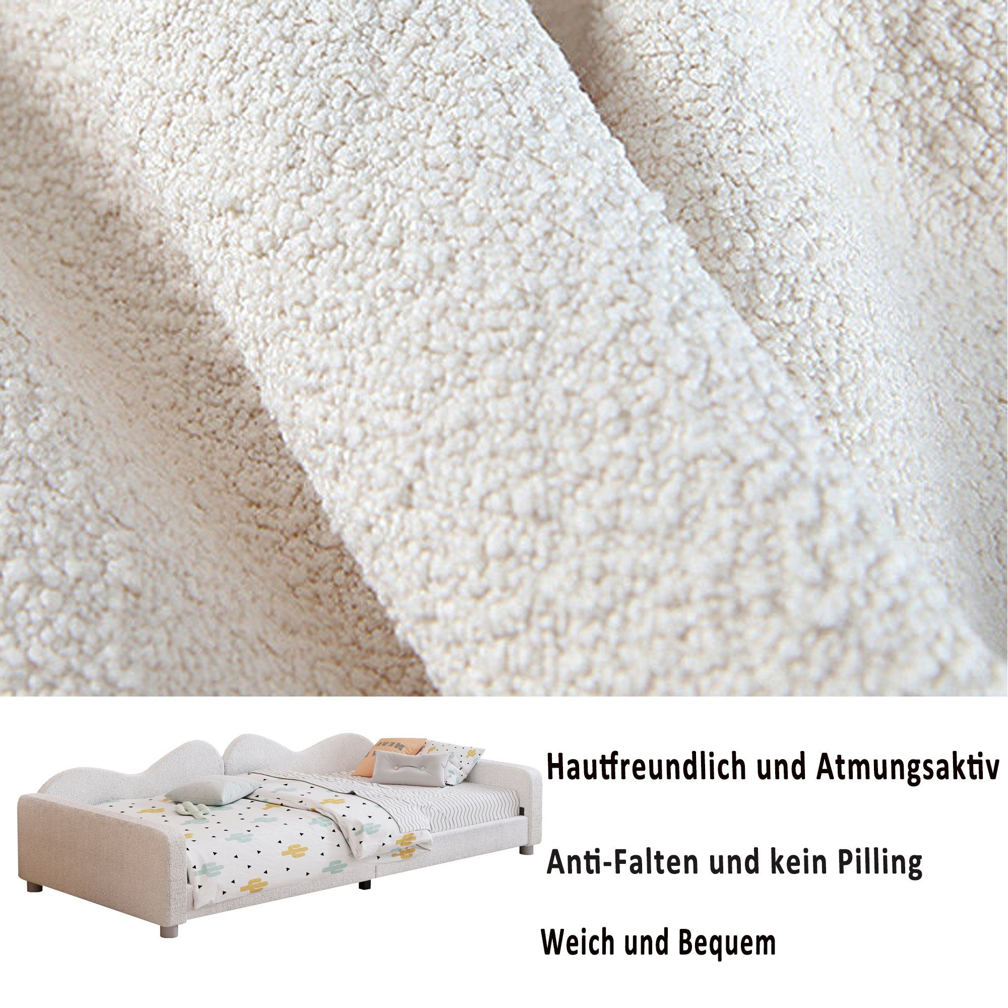 HAUSS SPLOE Polsterbett Tagesbett Polsterbett Kinderbett Schlafsofa (mit Rückenlehne und Armlehnen, 90x200 cm Bettgestell Teddystoff Multifunktionales weiches Bett), ohne Matratze