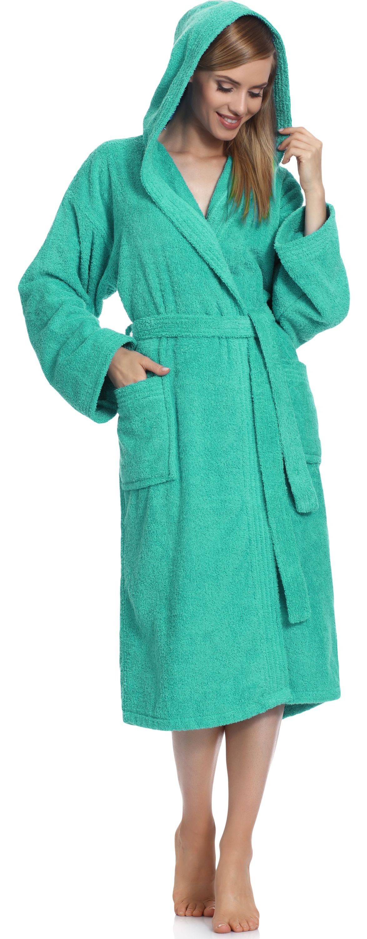 Ladeheid Bademantel Damen Frottee Bademantel aus 100% Baumwolle LA40-193, Langform, Baumwolle, Kapuze