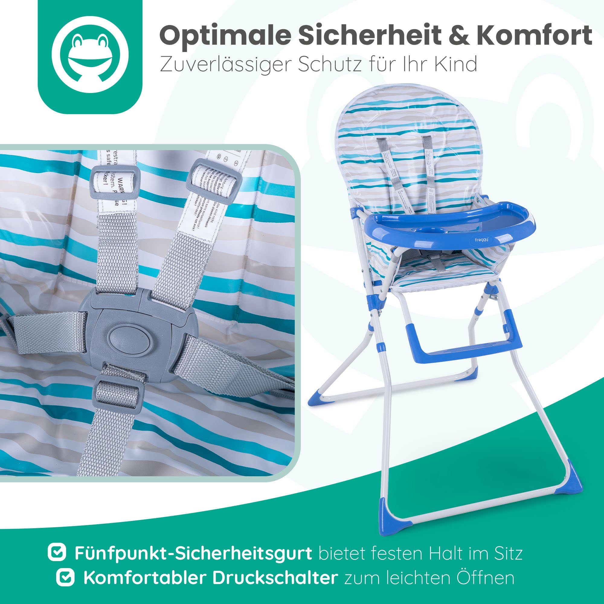 Froggy Hochstuhl, zusammenklappbar, mit Sicherheitsgurt und Esstisch