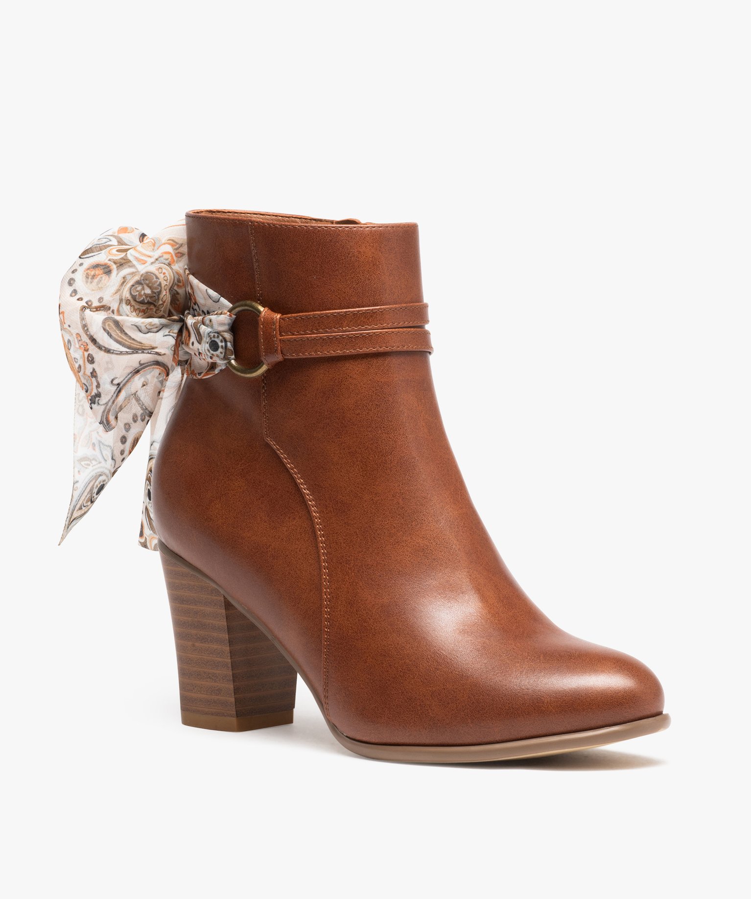Boots femme à talon avec dessus uni et bride foulard camel | GEMO