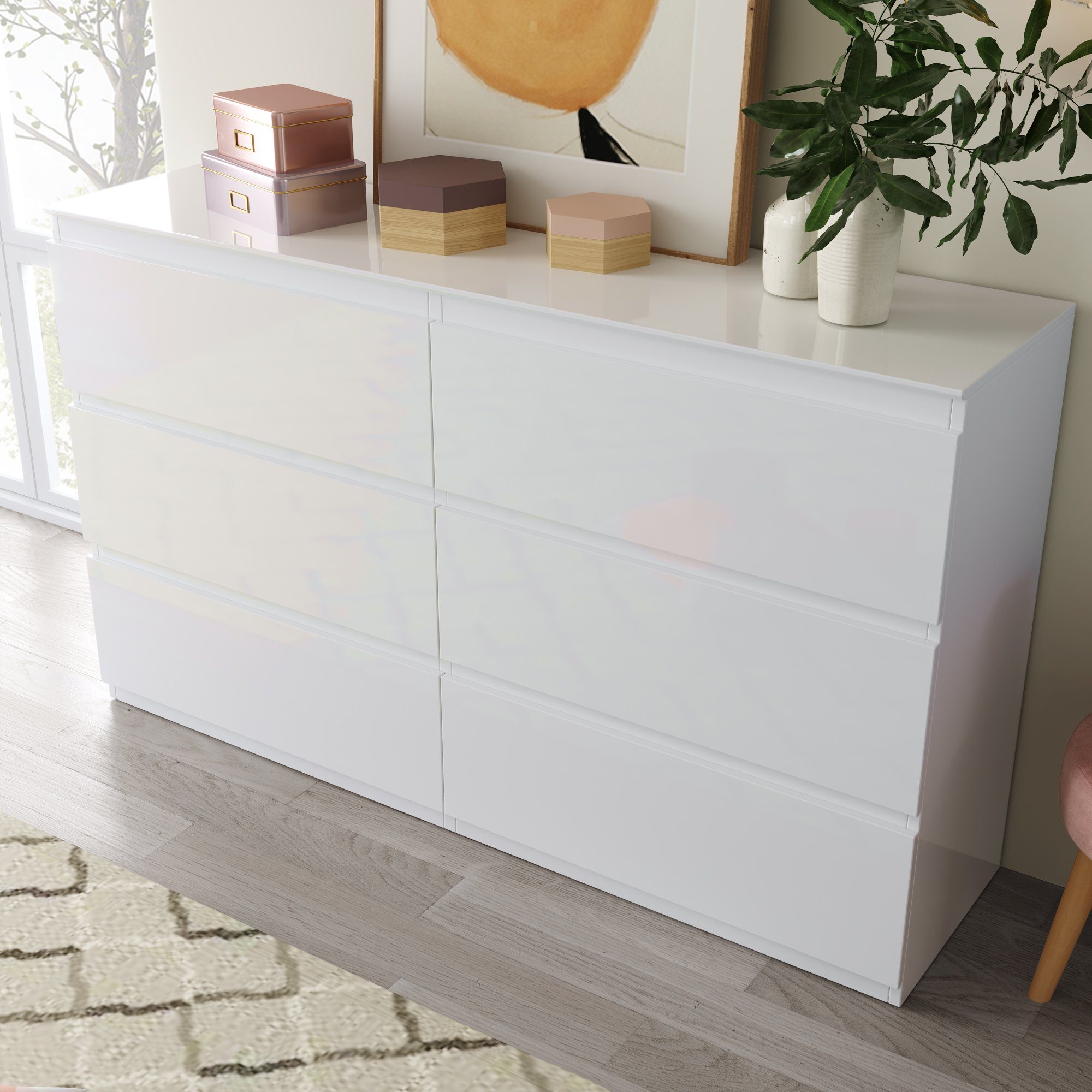 WISHDOR Sideboard Kommode (130CM HochglanzKommode Weiß -B130/T40 /H88cm, Kommode mit 6 Schubladen und LED-Spiegel 60cm), Highboard Weiss Sideboard,für Schlafzimmer & alle Wohnräume