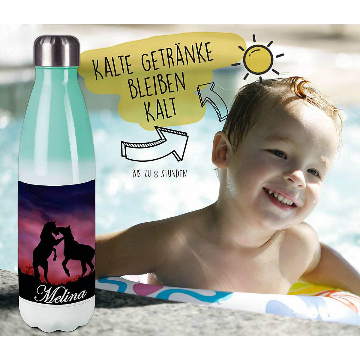 Edelstahl Kinder Thermoflasche / Trinkflasche bunt Pferde Spülmaschinenfest, Auslaufsicher, Bruchfest, Doppelwandig, Für Heißgetränke geeignet, Mit Deckel, Isoliert