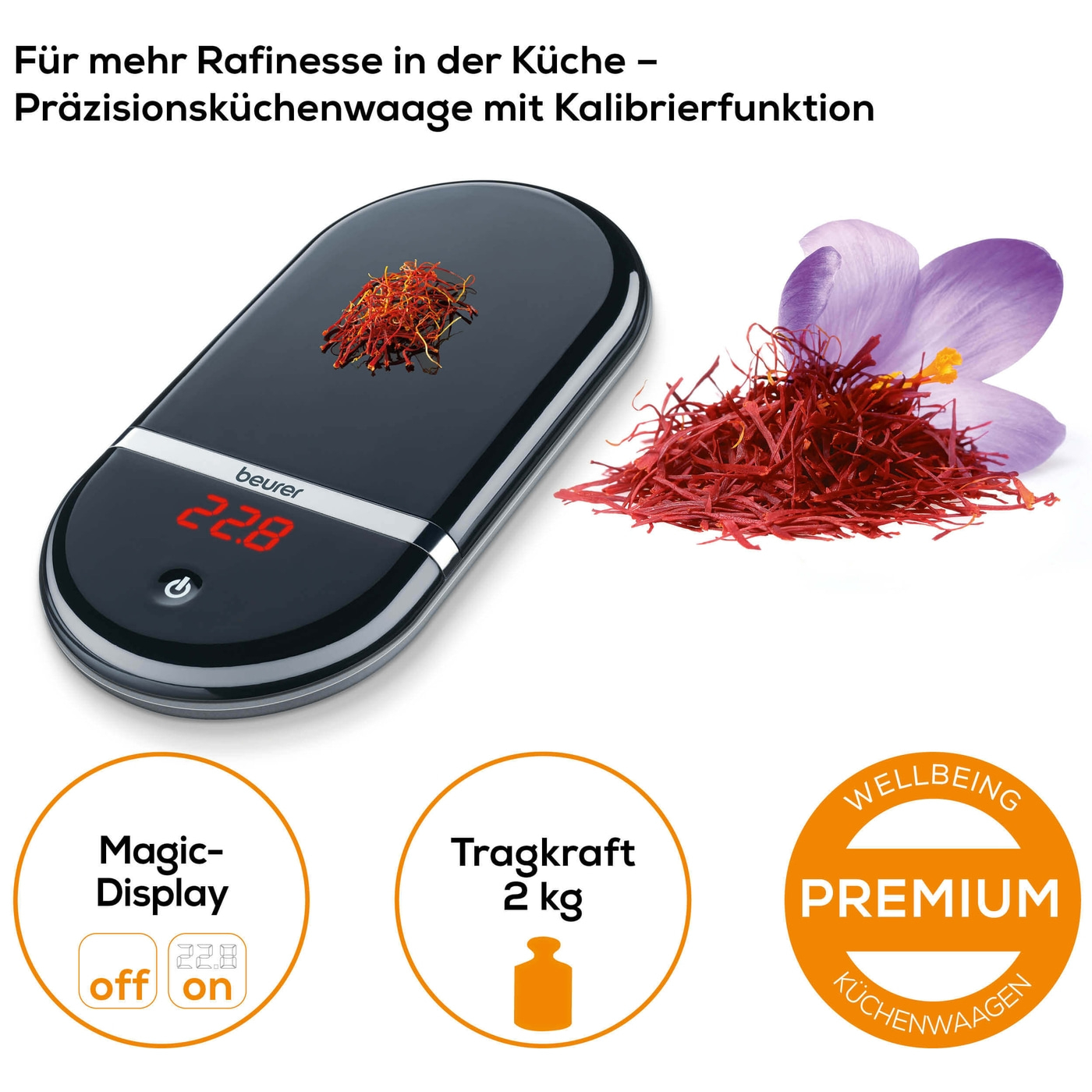 Beurer Präzisionsküchenwaage KS 36-Flache Feinwaage für die Küche mit Kalibrierfunktion & Magic-Display