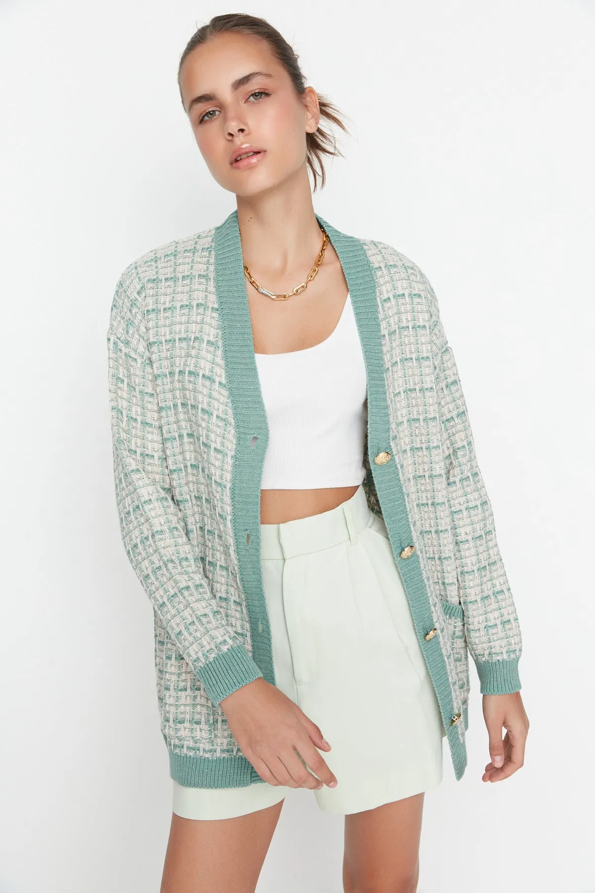 Trendyol Collection  Mintfarbene, weite Strickjacke in Tweed-Optik mit Glitzer TWOAW21HI0250