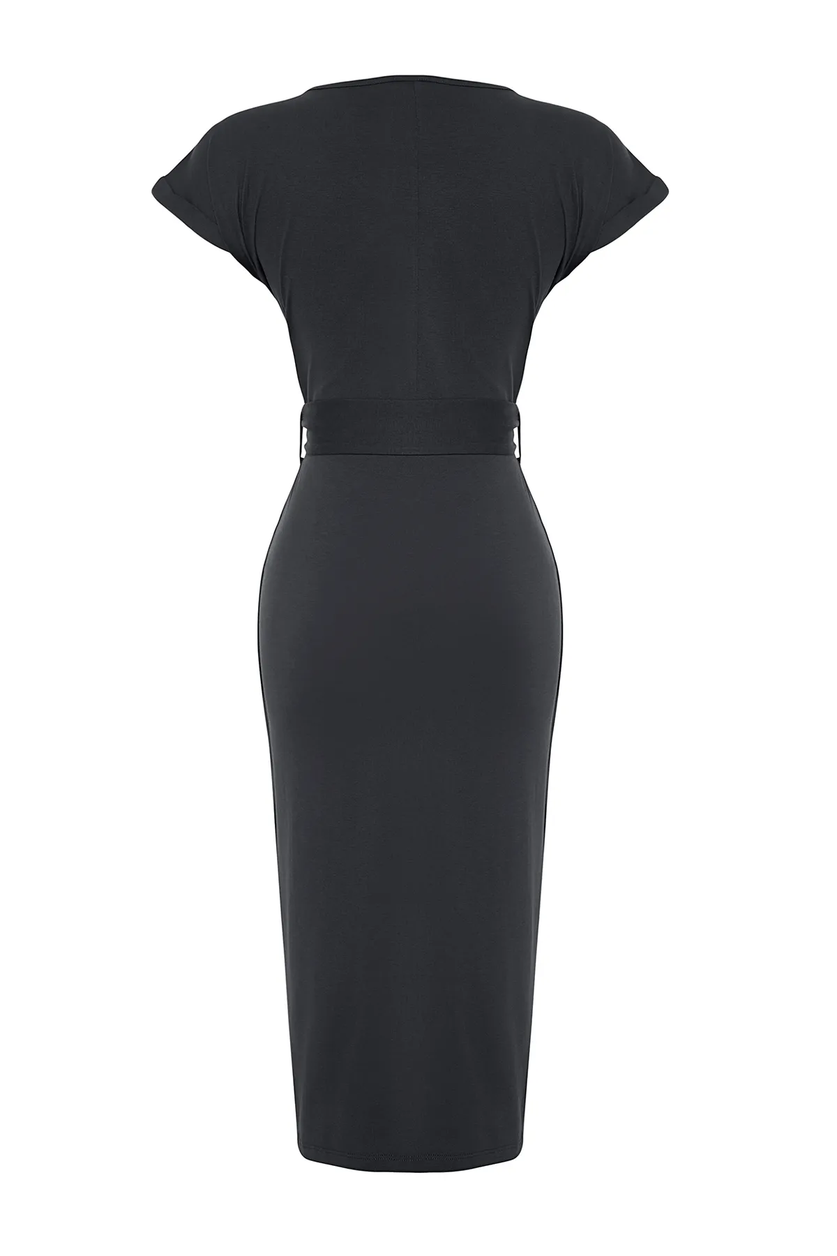 Trendyol Collection  Anthrazitfarbenes Midi-Strick-Maxikleid aus 100 % Baumwolle mit zweireihigem Verschluss und Gürtel, TWOSS24EL00118