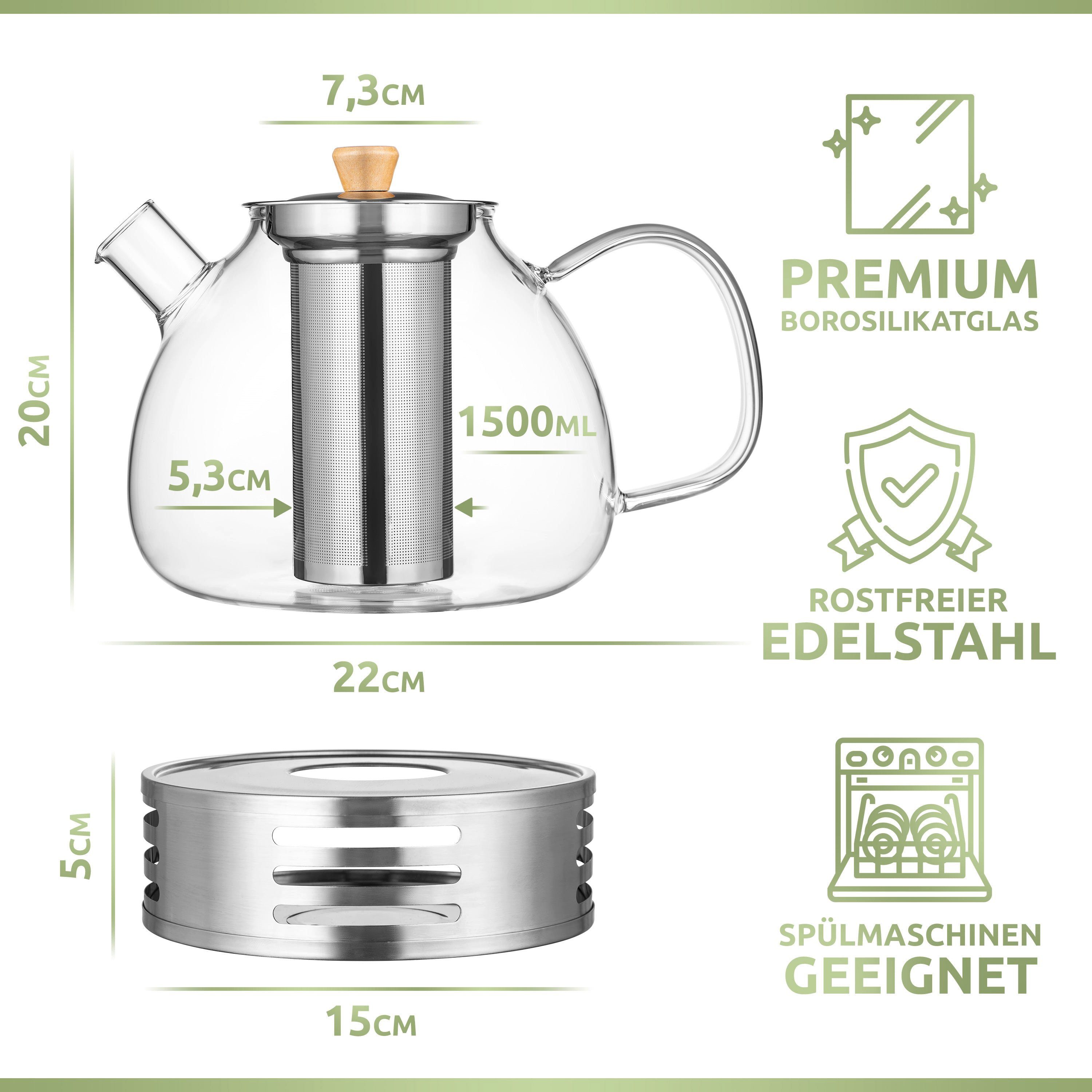 PORADA Teekanne Teekanne Glas 1500ml mit Edelstahl Erhitzer Teesieb Siebeinsatz, 1.5 l, (Set, 1x Teekanne, 1x Erthitzer, 1x Teesieb, 1x Deckel), Handarbeit, extra Erhitzer, Stövchen, Edelstahl, Borosilikatglas