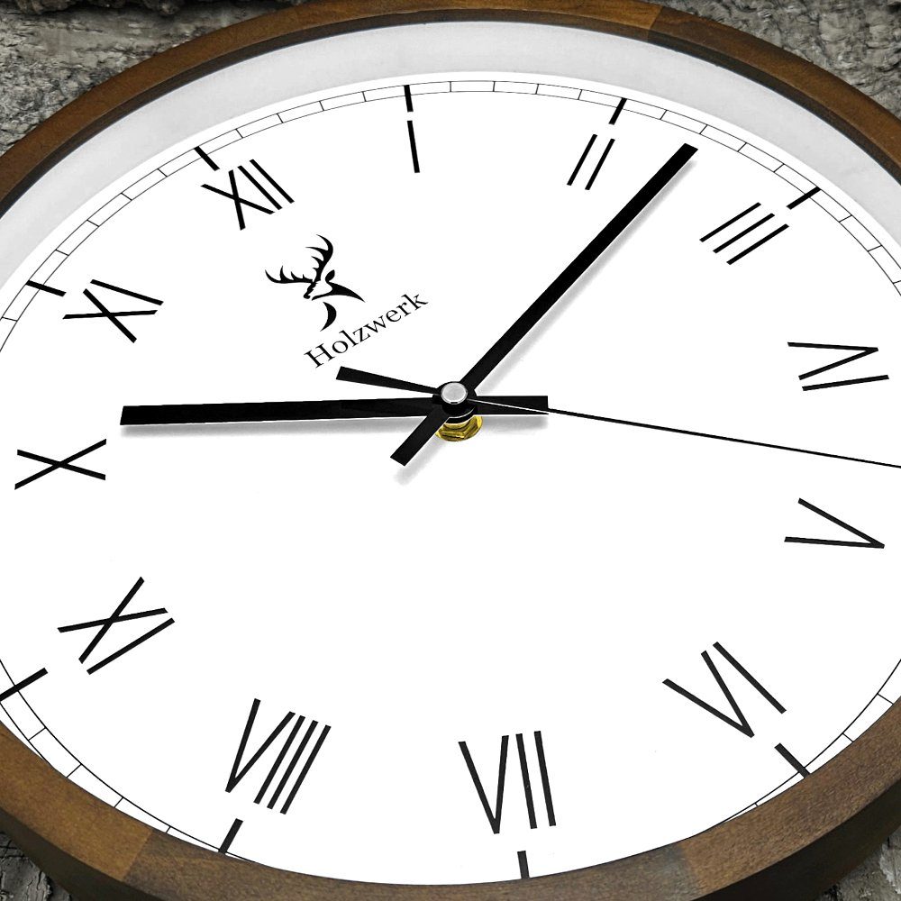 Holzwerk Wanduhr EISENBERG Designer Holz Wand Uhr, braun, weiß (lautlos ohne Tickgeräusche, 30 cm)